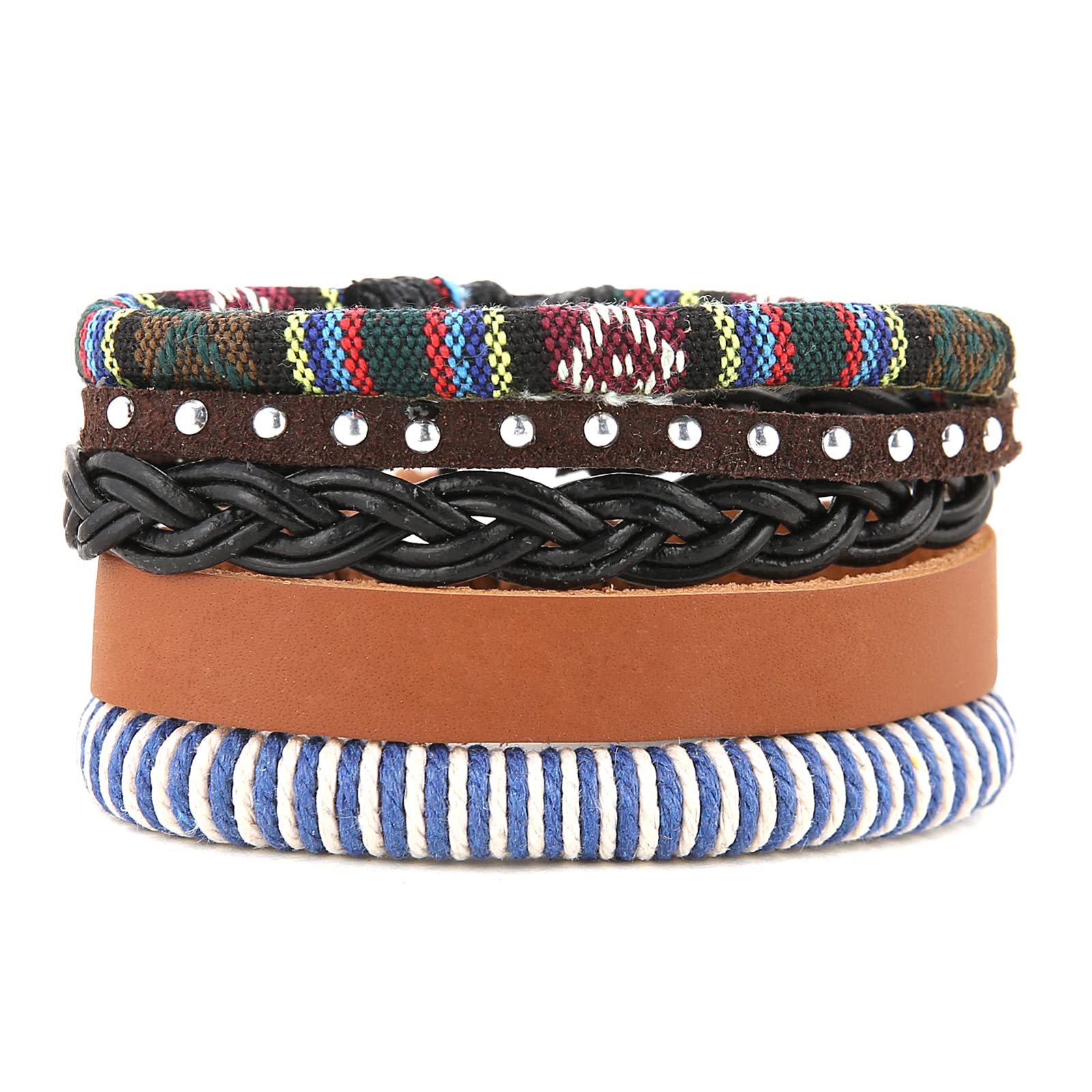 HZMAN Wrap Bracelets Men Women, Hemp Cords Wood Beads Ethnic Tribal Bracelets, Leather Wristbands