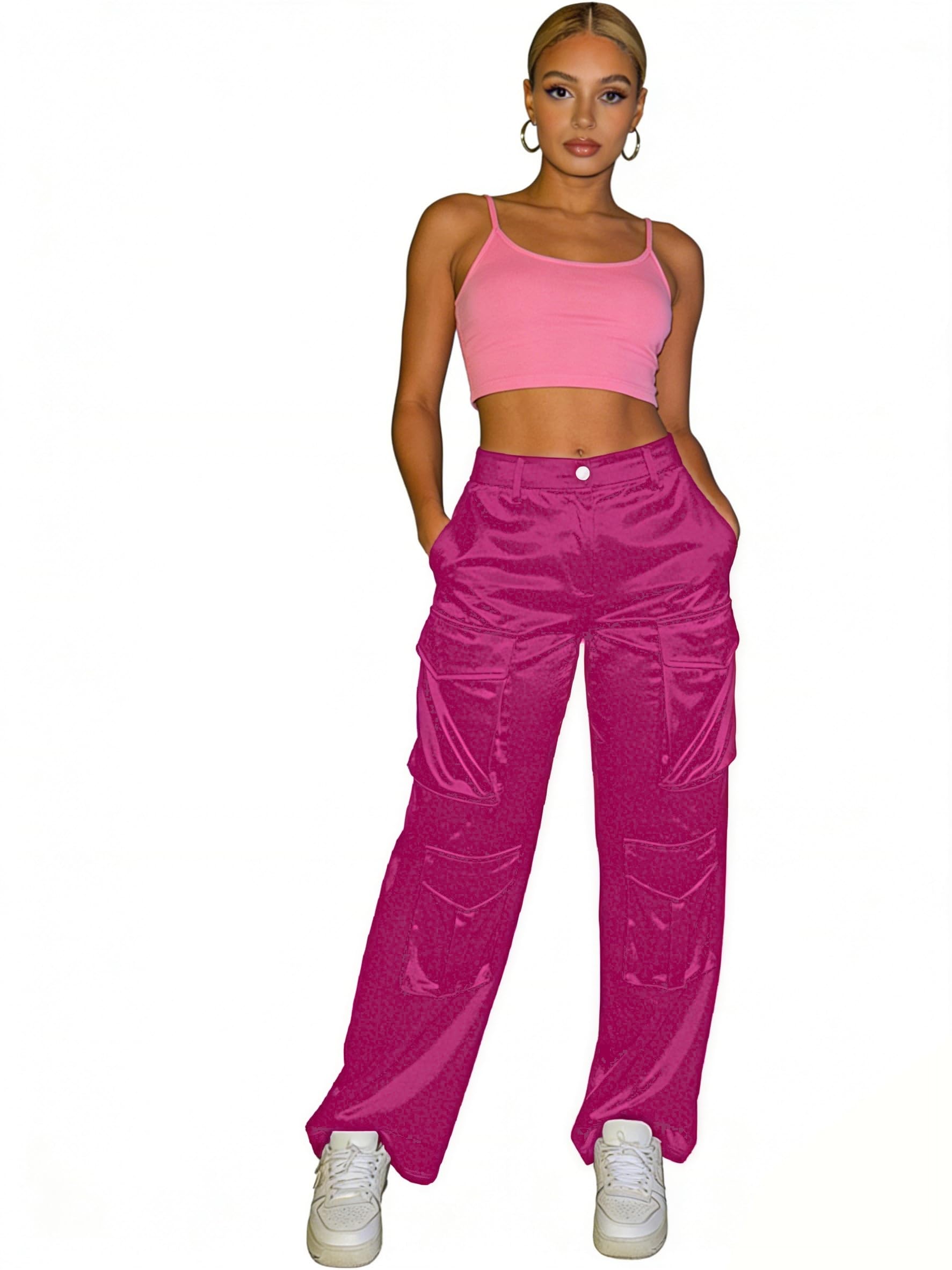 AOPCYIU Women’s Plus Size Satin Cargo Pants High Waisted Wide Leg Pants with Pockets Y2K Streetwear