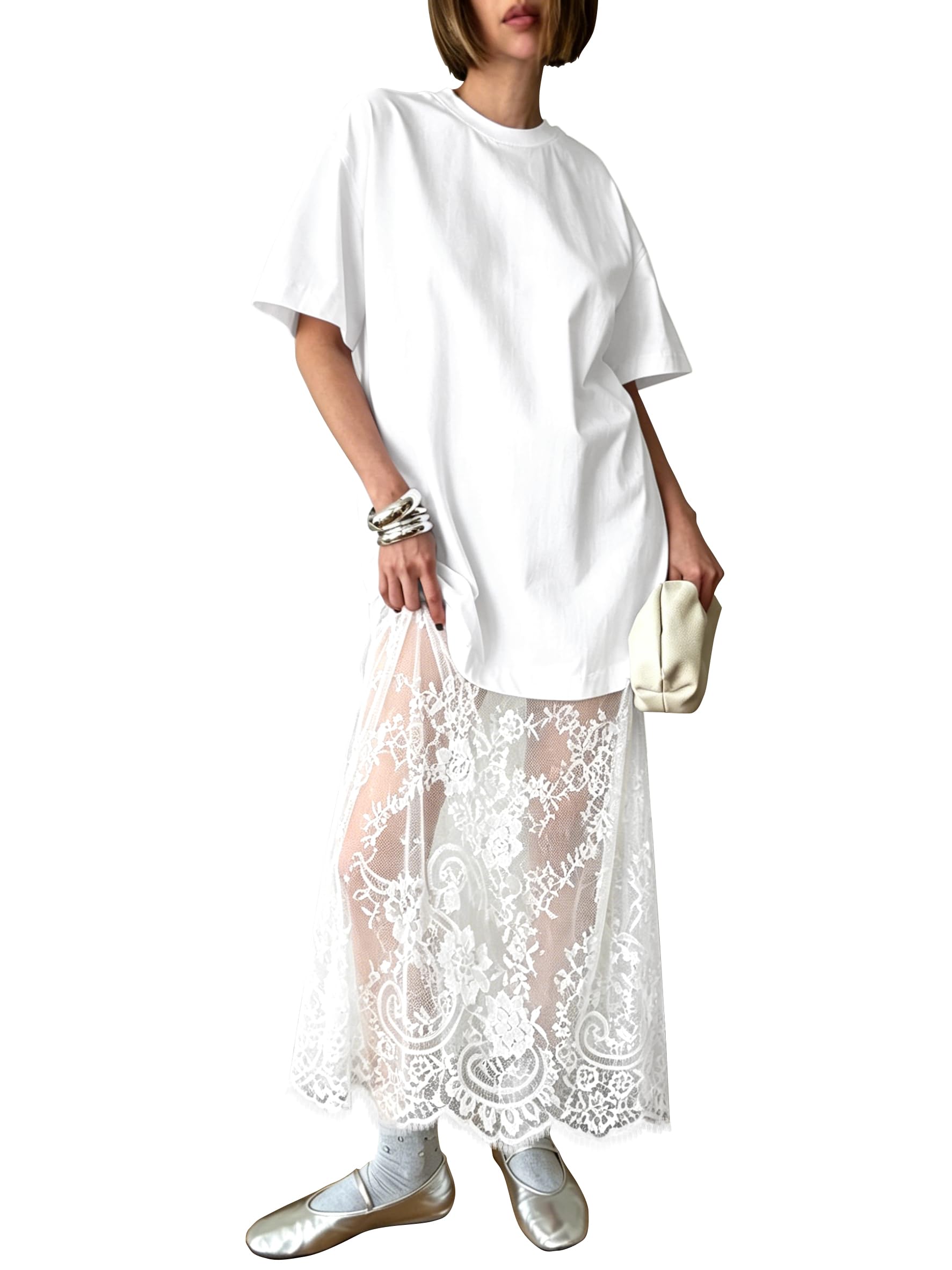 miduo Womens Summer Short Sleeve Crewneck Lace Patchwork Maxi Dress Casual Long Dresses