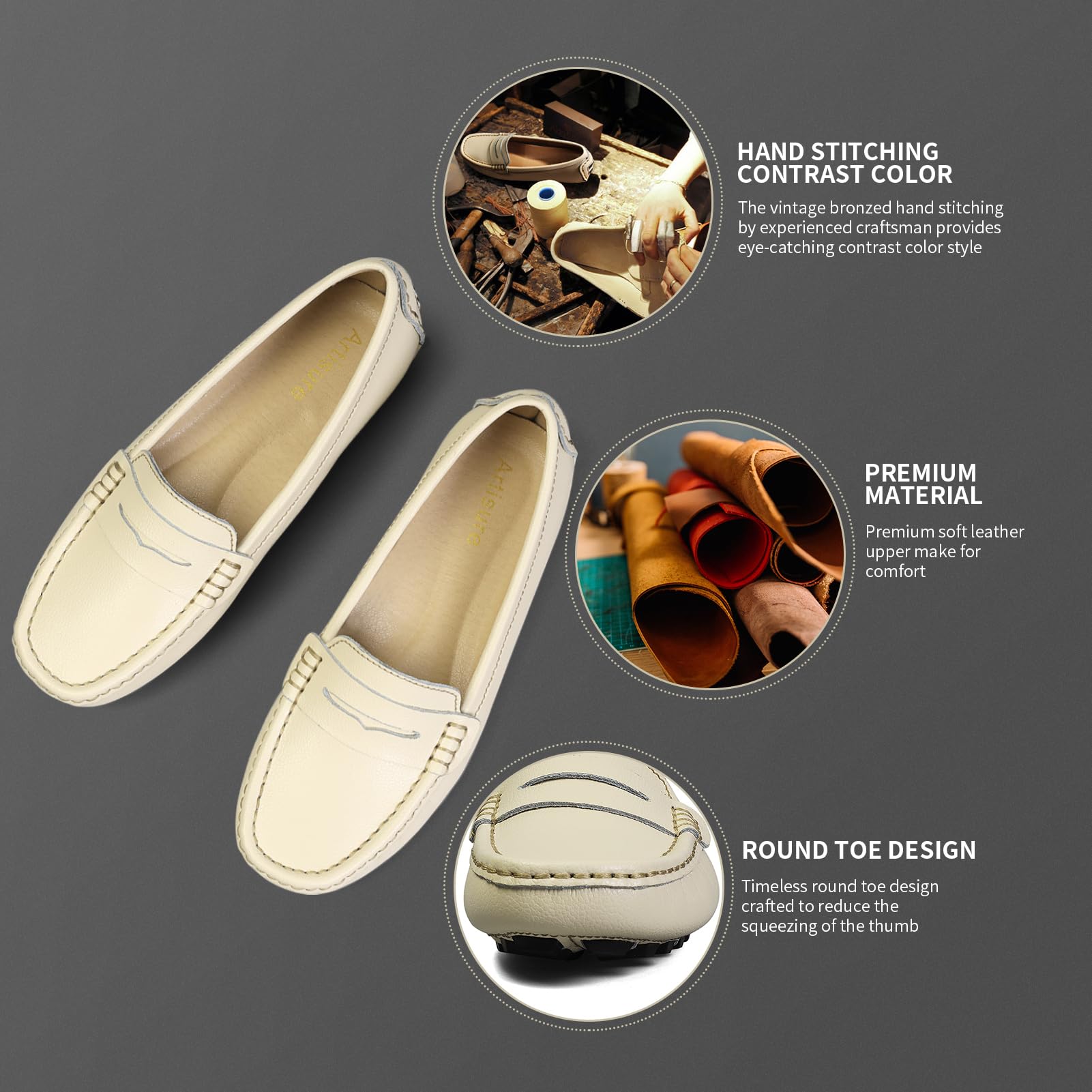 Artisure Women's Classic Comfort Leather Penny Loafers Casual Slip-Ons Lightweight Walking Flats Driving Mocs Boat Shoes