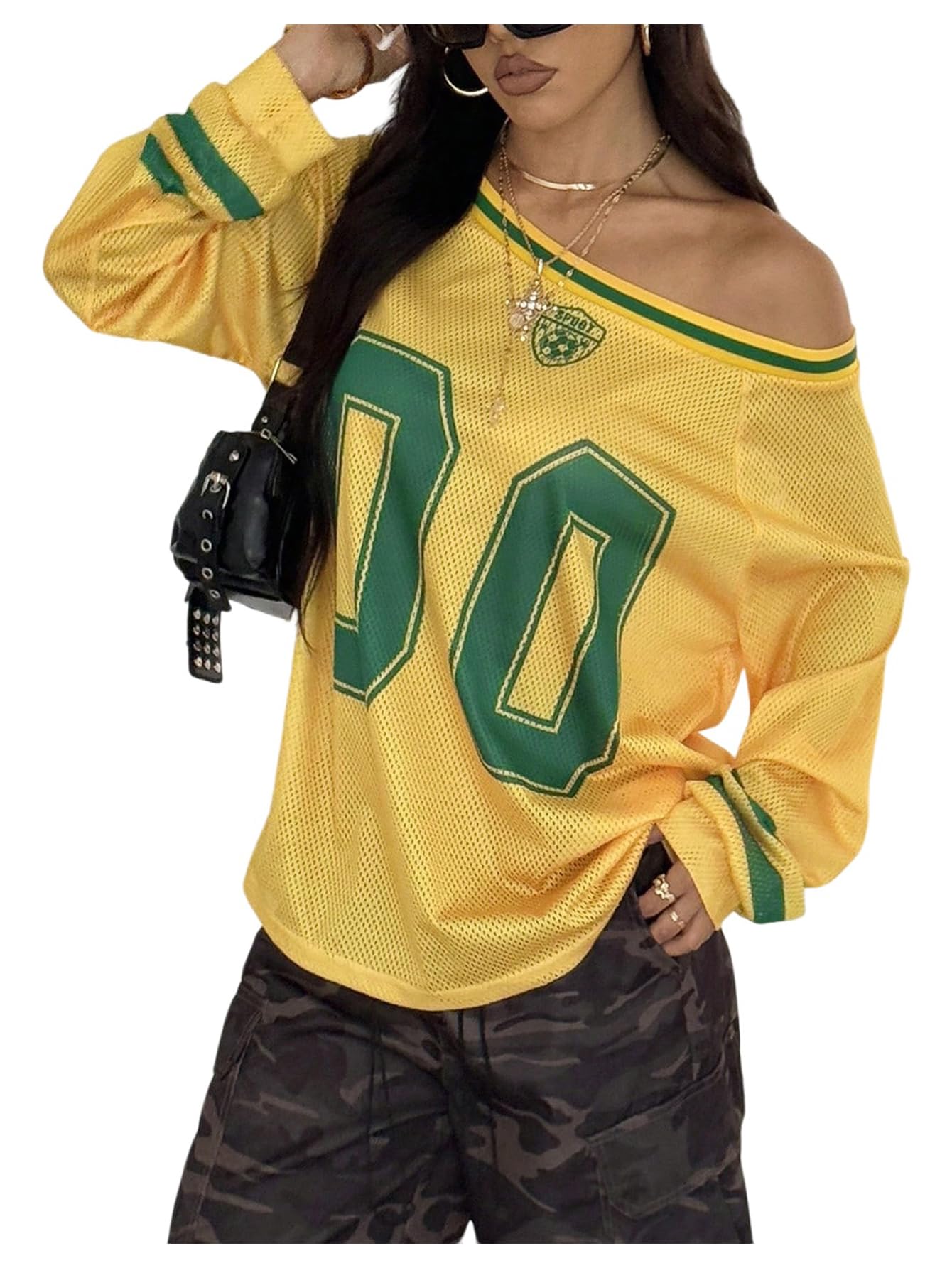 BEAUDRM Women's Y2k Mesh Jersey Shirts Sheer Graphic Tees Oversized Off The Shoulder Long Sleeve Tops Streetwear
