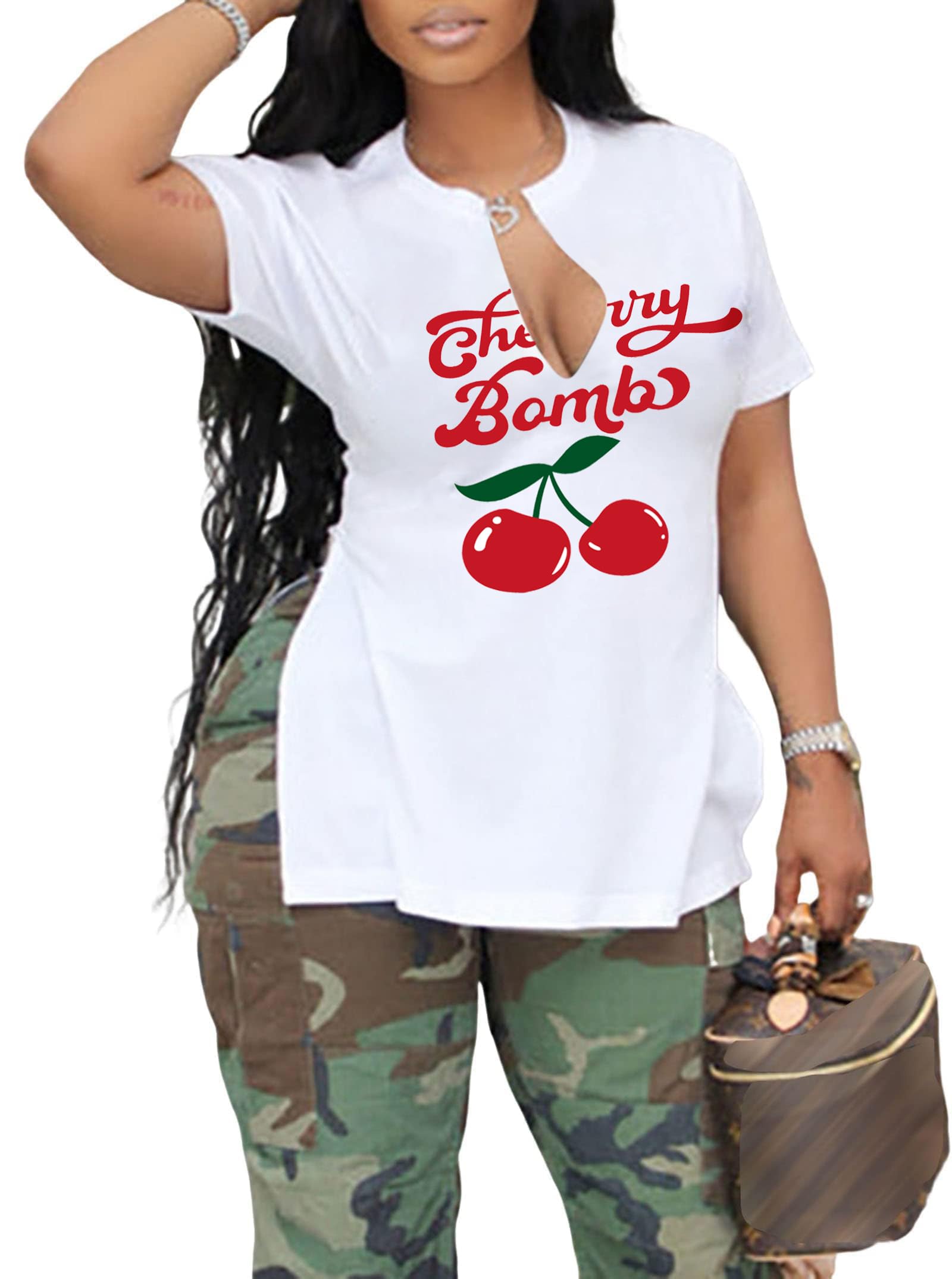 LovelyWholesale Womens Graphic Tees Sexy V Neck T Shirts Short Sleeve Side Slit Summer Tops