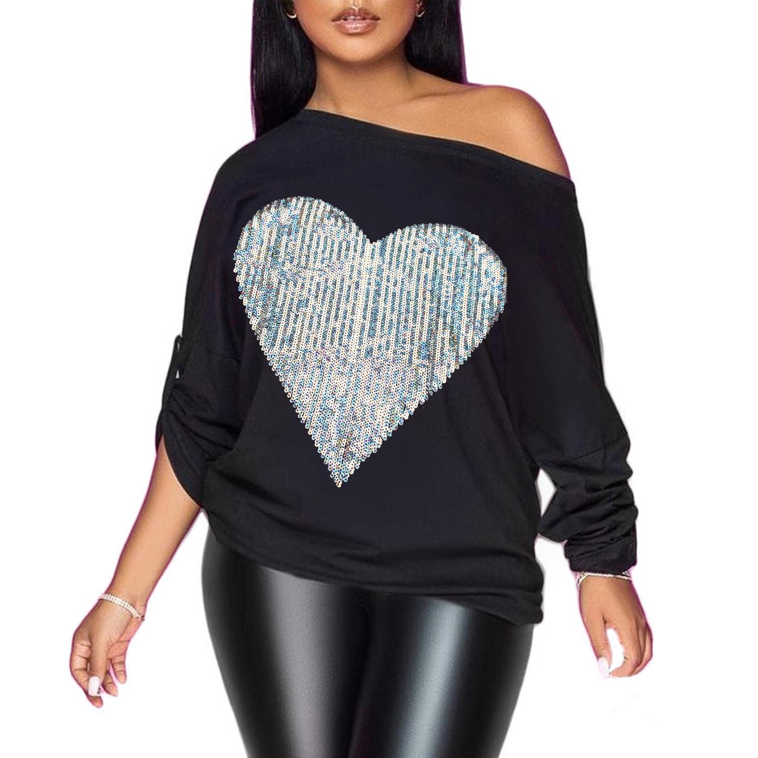 PESION Womens Off The Shoulder Tops Sexy Shiny Metallic Shirts Long Sleeves Fashion Graphic T-Shirts Blouses