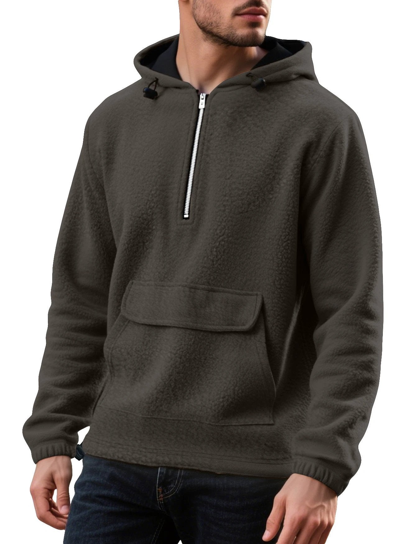 Men's Padded Fleece Solid Color Half Zip Hooded Pullover Sweater