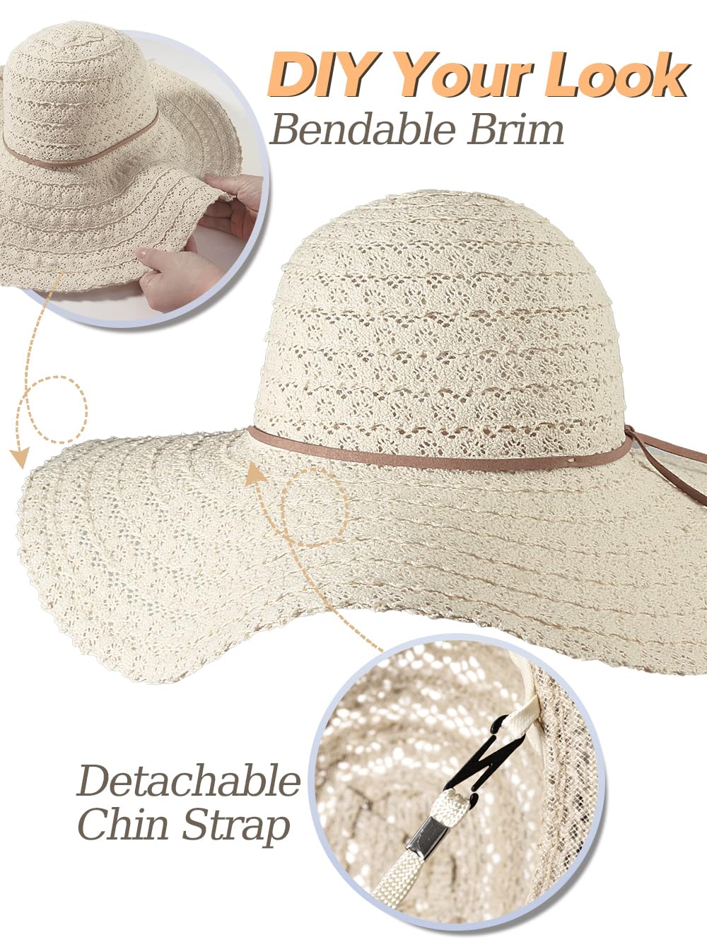 Sun Beach Hats for Women Summer Floppy Wide Brim Sunhat Packable Foldable Lace Travel Vacation