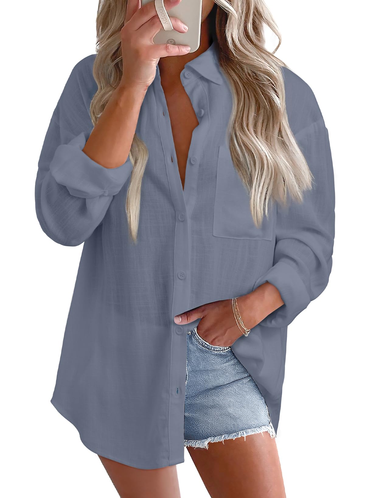 Astylish Women 2026 Loose Fit Tops Cotton Linen Button Down Shirts Collared Roll Up Long Sleeve V Neck Blouses