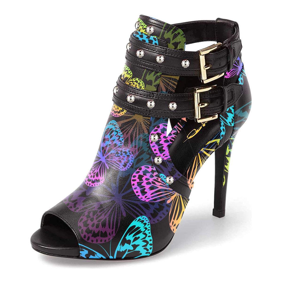 XYD Women Chic Studs Peep Toe Ankle Bootie High Heel Pumps Buckled Double Straps Cutout Fashion Party Shoes