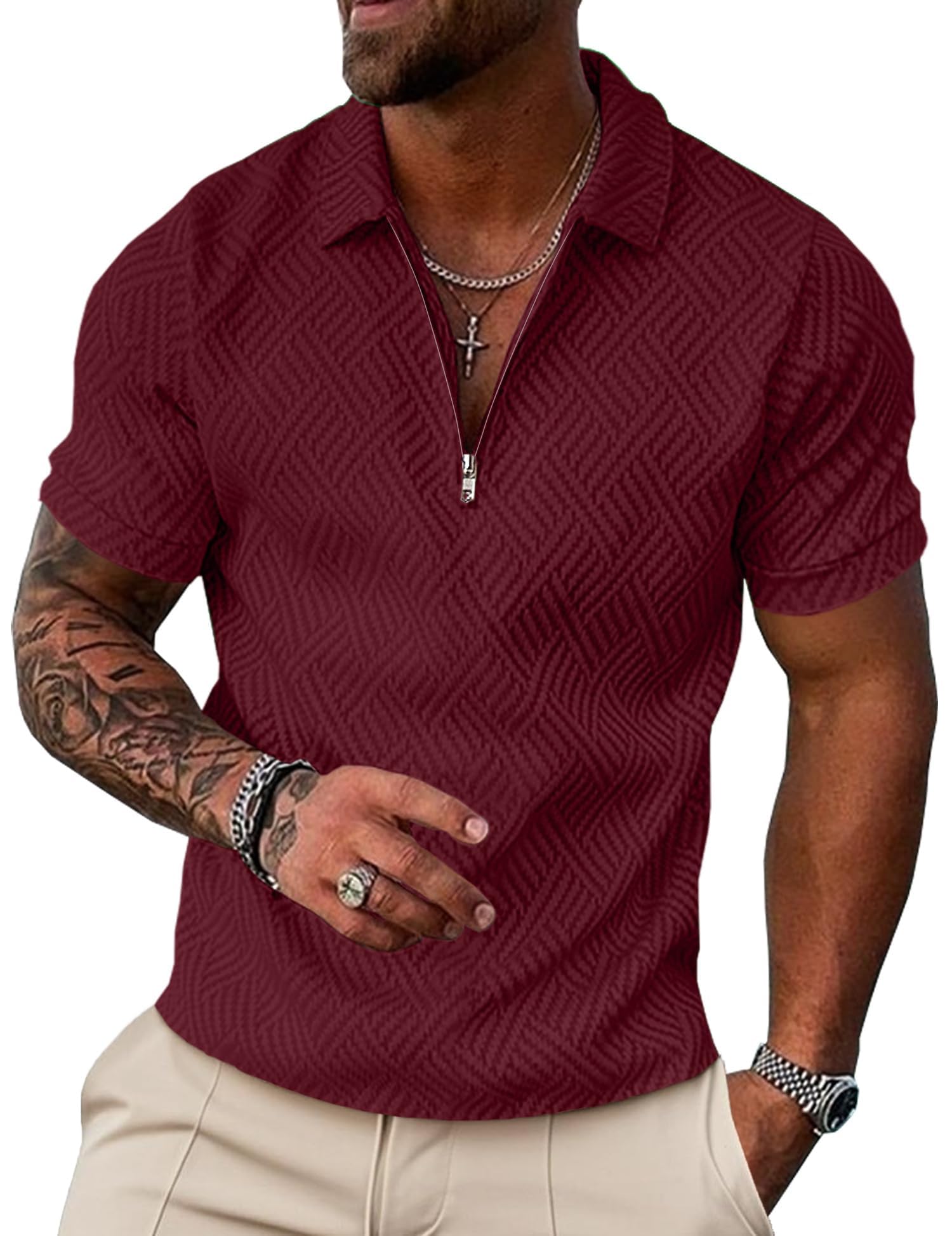 UOUA Men's Zipper Polo Shirts Short Sleeve Sweatshirts Soild Color Tops Striped Texture Casual Golf T