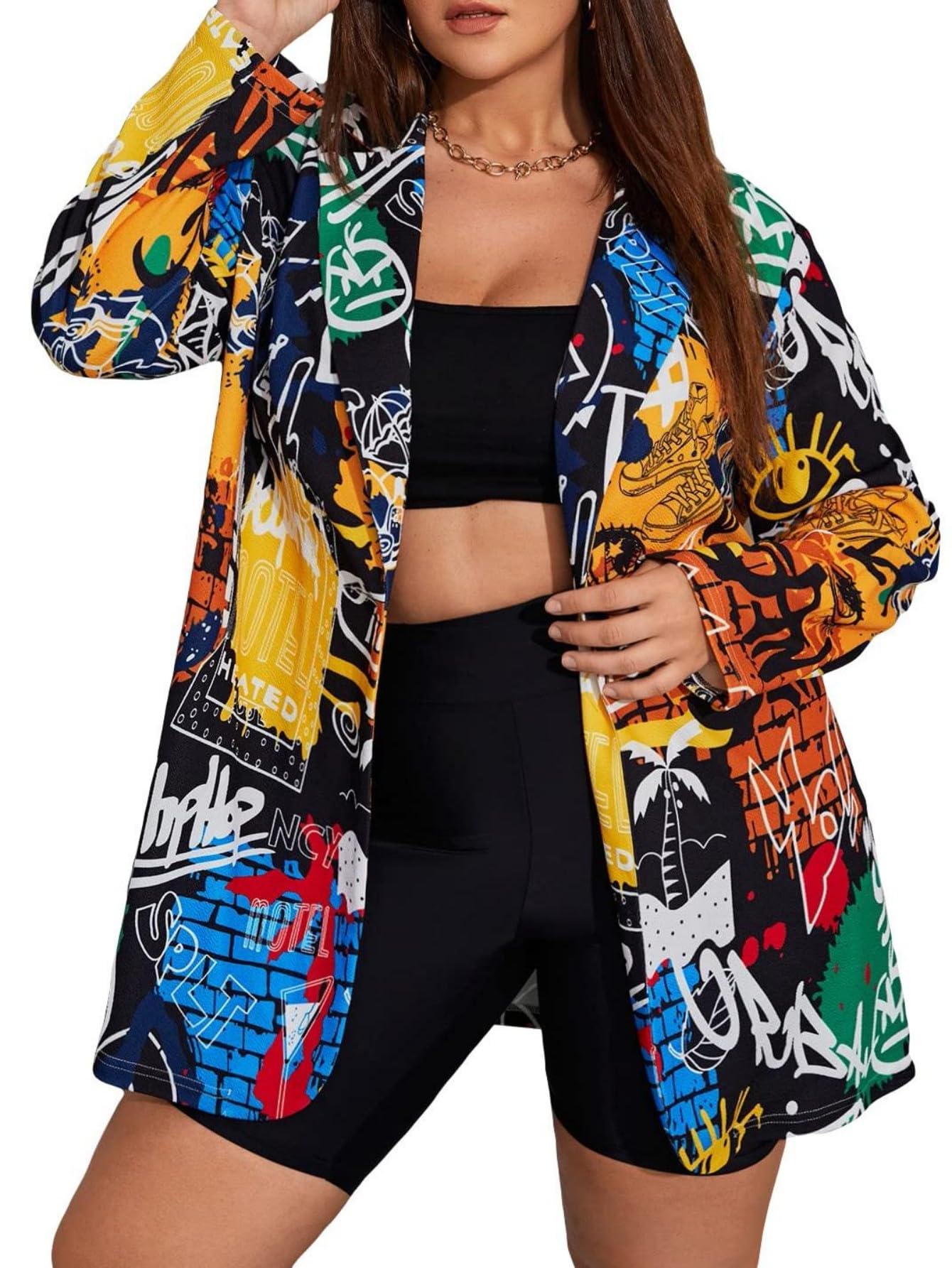 WDIRARA Women's Plus Size Lapel Collar Open Front Graffiti Graphic Button Blazer Jacket