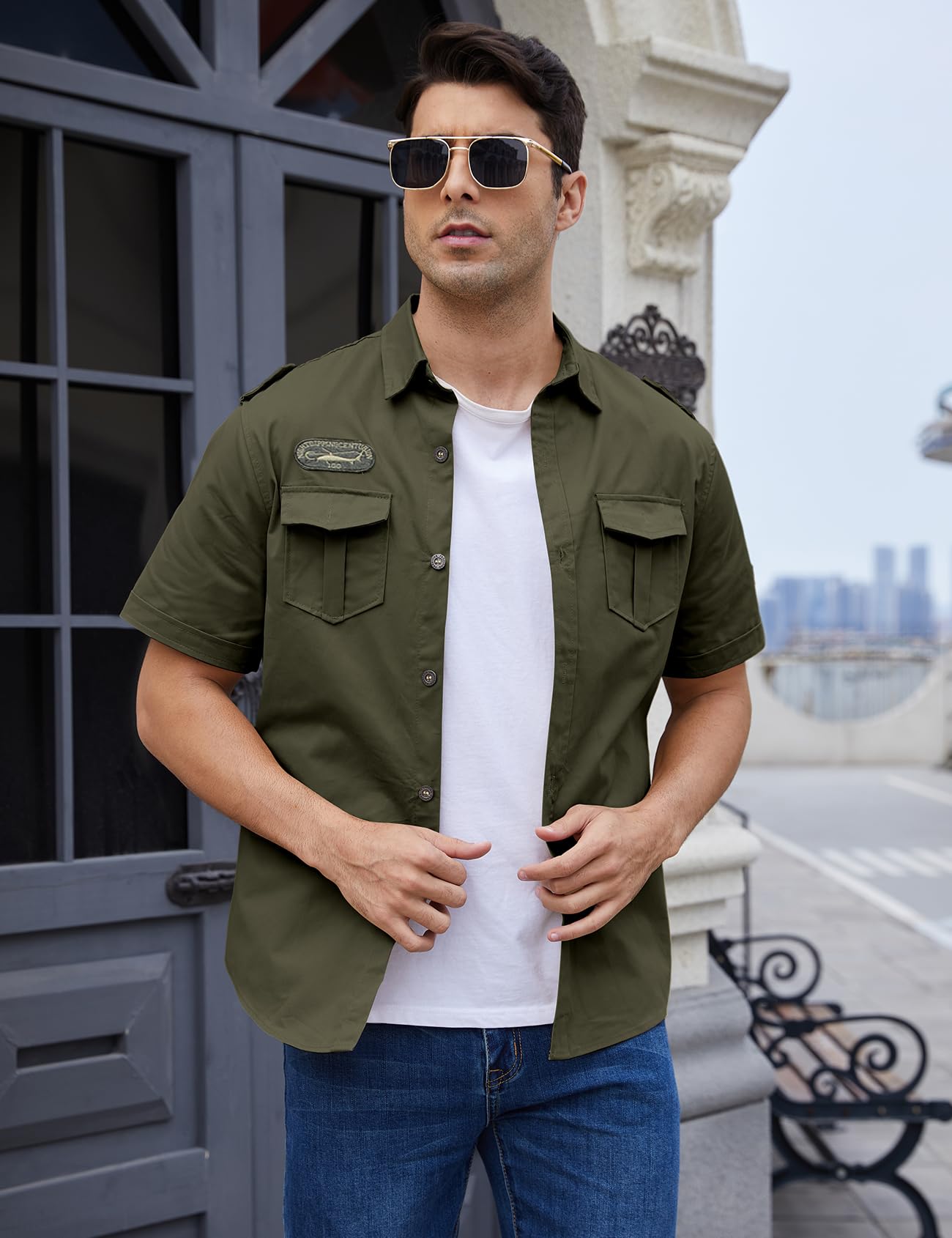Gihuo Men's Military Tactical Shirt Short Sleeve Cargo Work Outdoor Hiking Camping Hunting Fishing