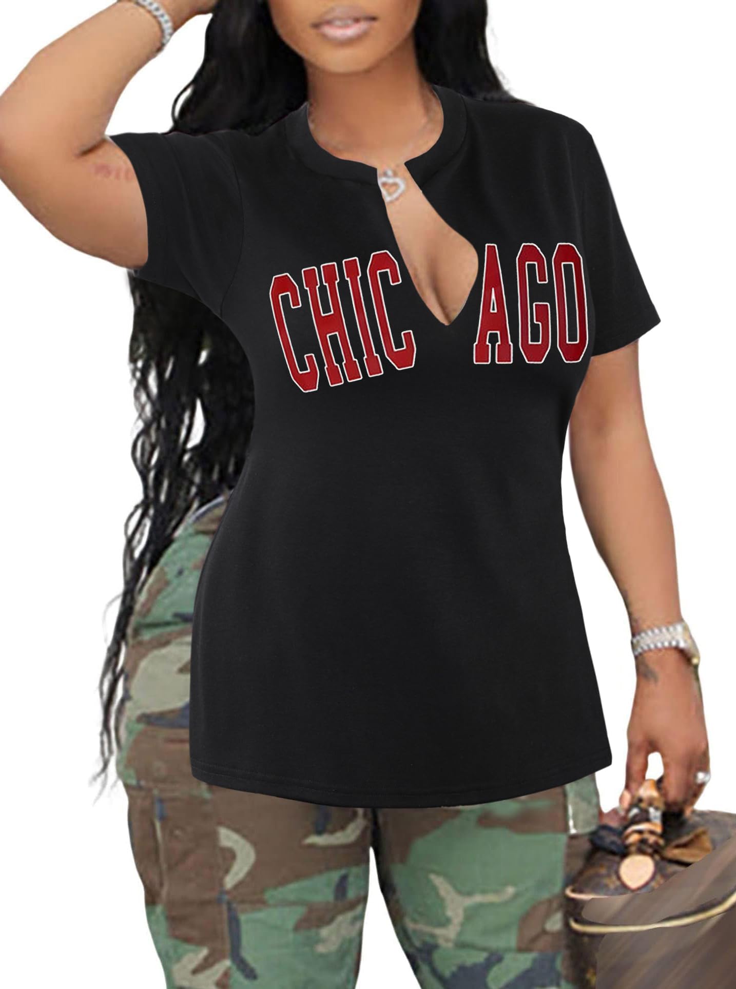 LovelyWholesale Womens Graphic Tees Sexy V Neck T Shirts Short Sleeve Side Slit Summer Tops