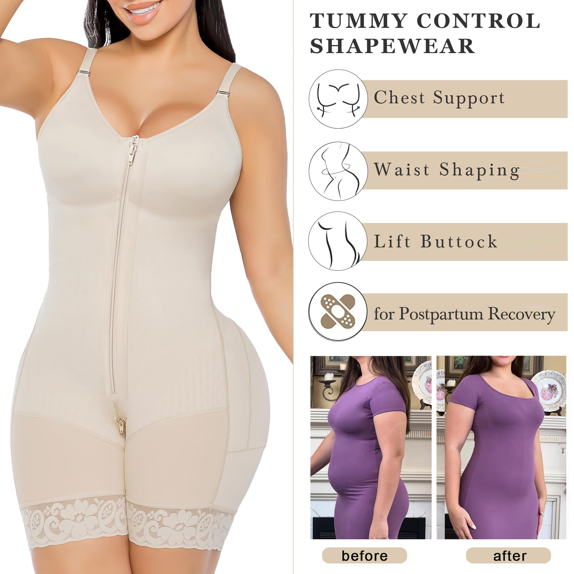 YIANNA Fajas Colombianas Moldeadoras Postpartum Shapewear Tummy Control for Women Butt Lifter Body Shaper with Zipper Crotch