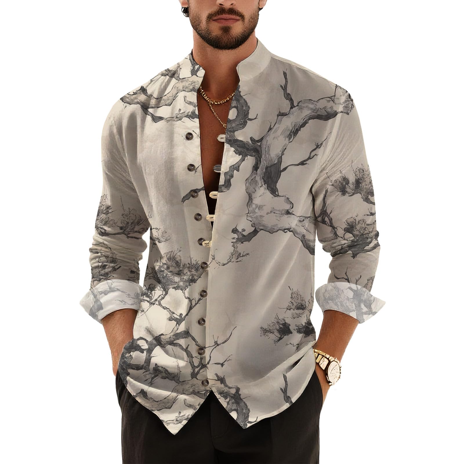 DMOYALA Men’s Hawaiian Button Down Shirts 2025 Fall Casual Long Sleeve Shirts Baggy Henley Neck Beach Vacation Outfits