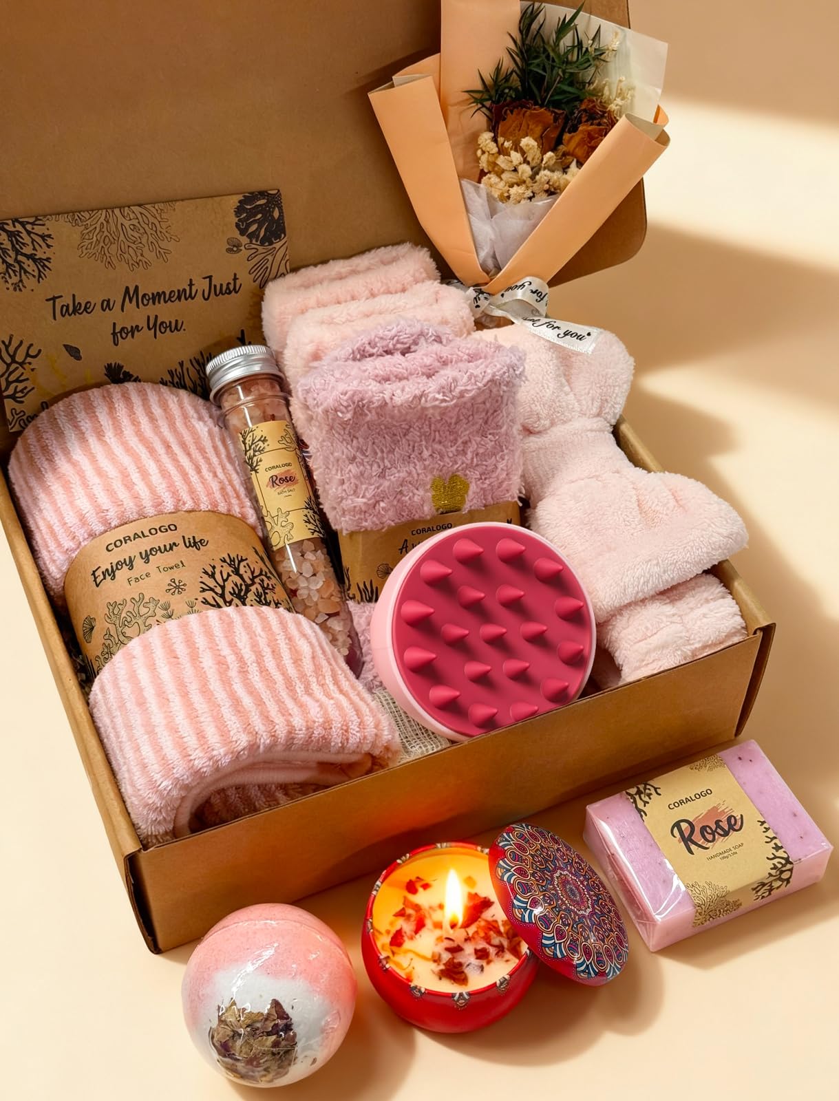 Coralogo Spa Gift Baskets for Women - 11 Pcs Items Self Care Gift Set Wellness Bath and Body Relaxing Gifts