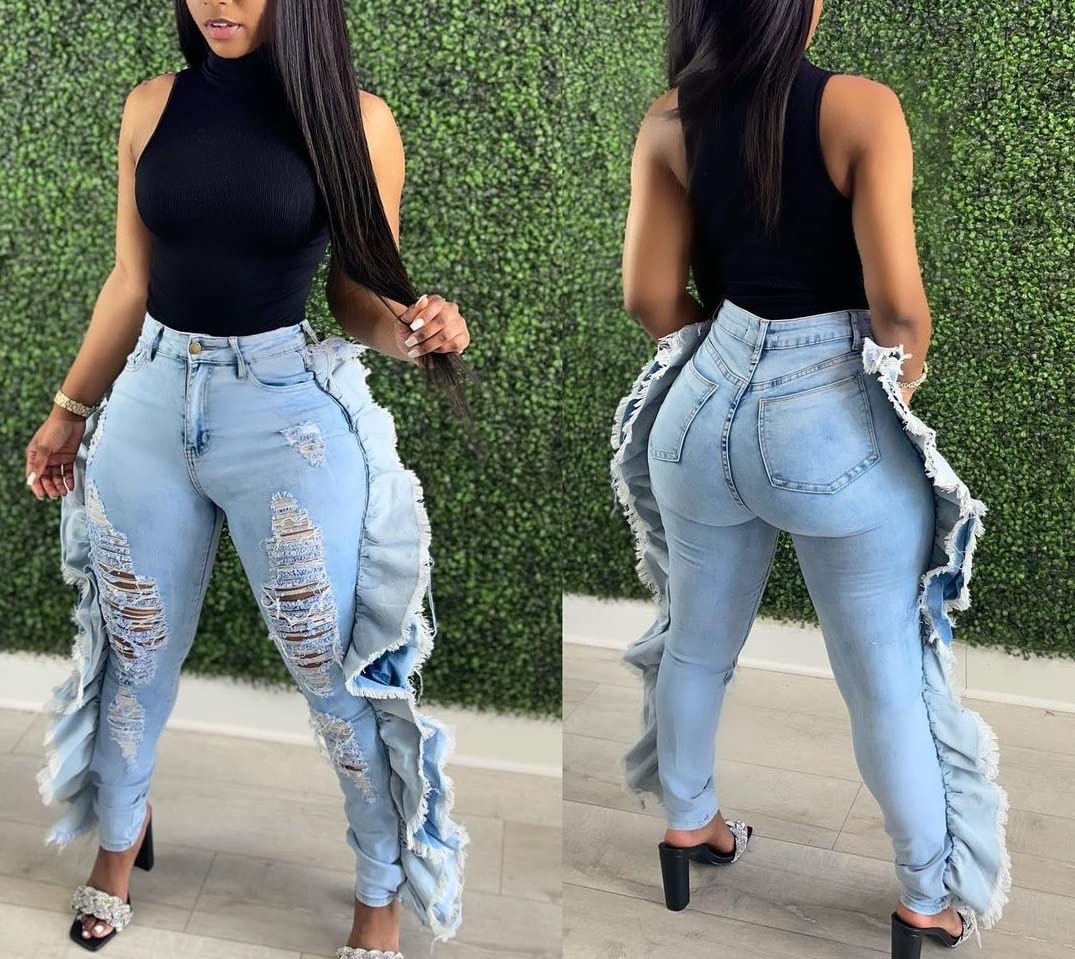 SperLucky Plus Size Jeans for Women Blue High Waisted Distressed Casual Jeans