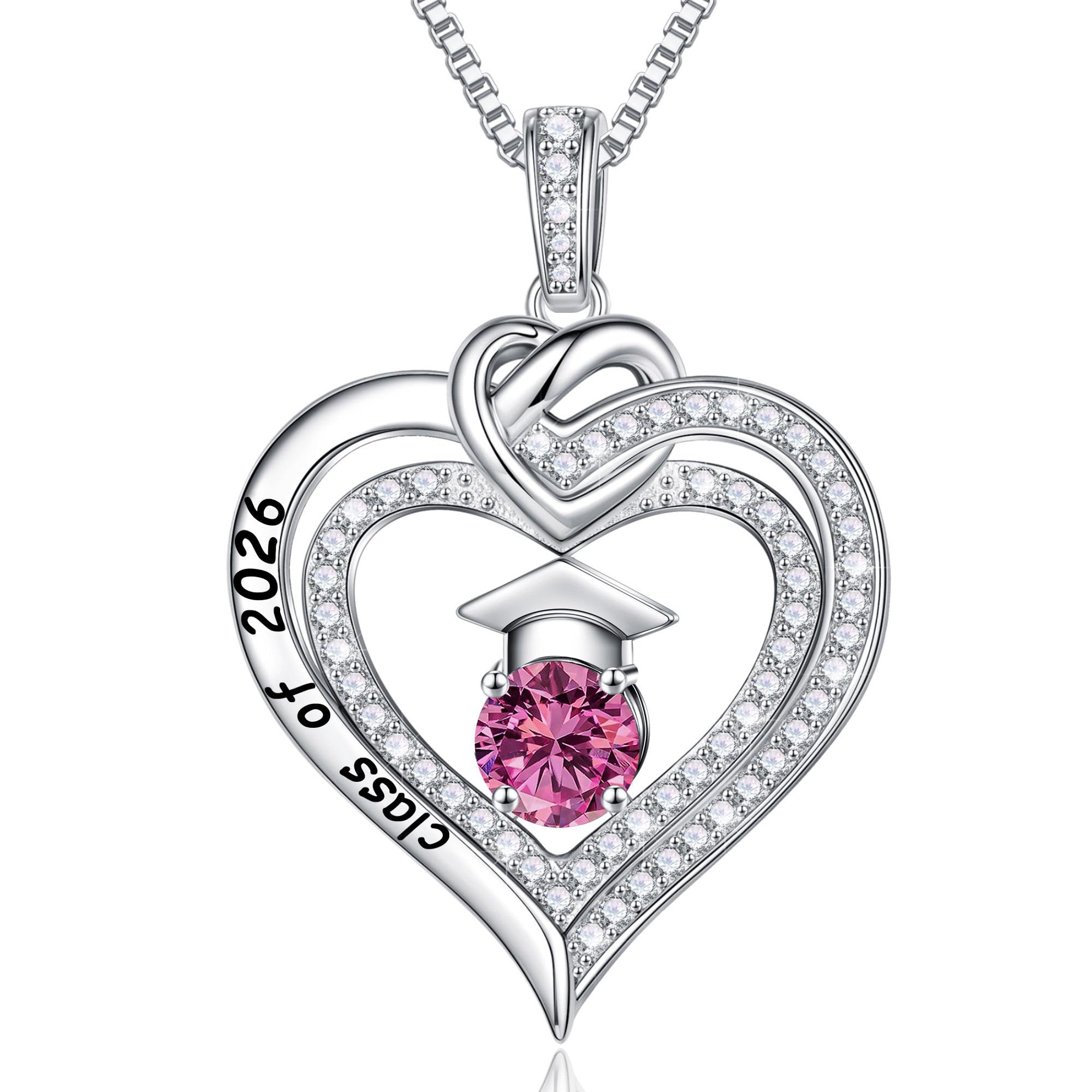 Turandoss Graduation Gifts for Her 2026, S925 Sterling Silver Birthstone Necklace Engraved Class of 2026 Inspirational Necklaces High School College Graduation Gifts for Women