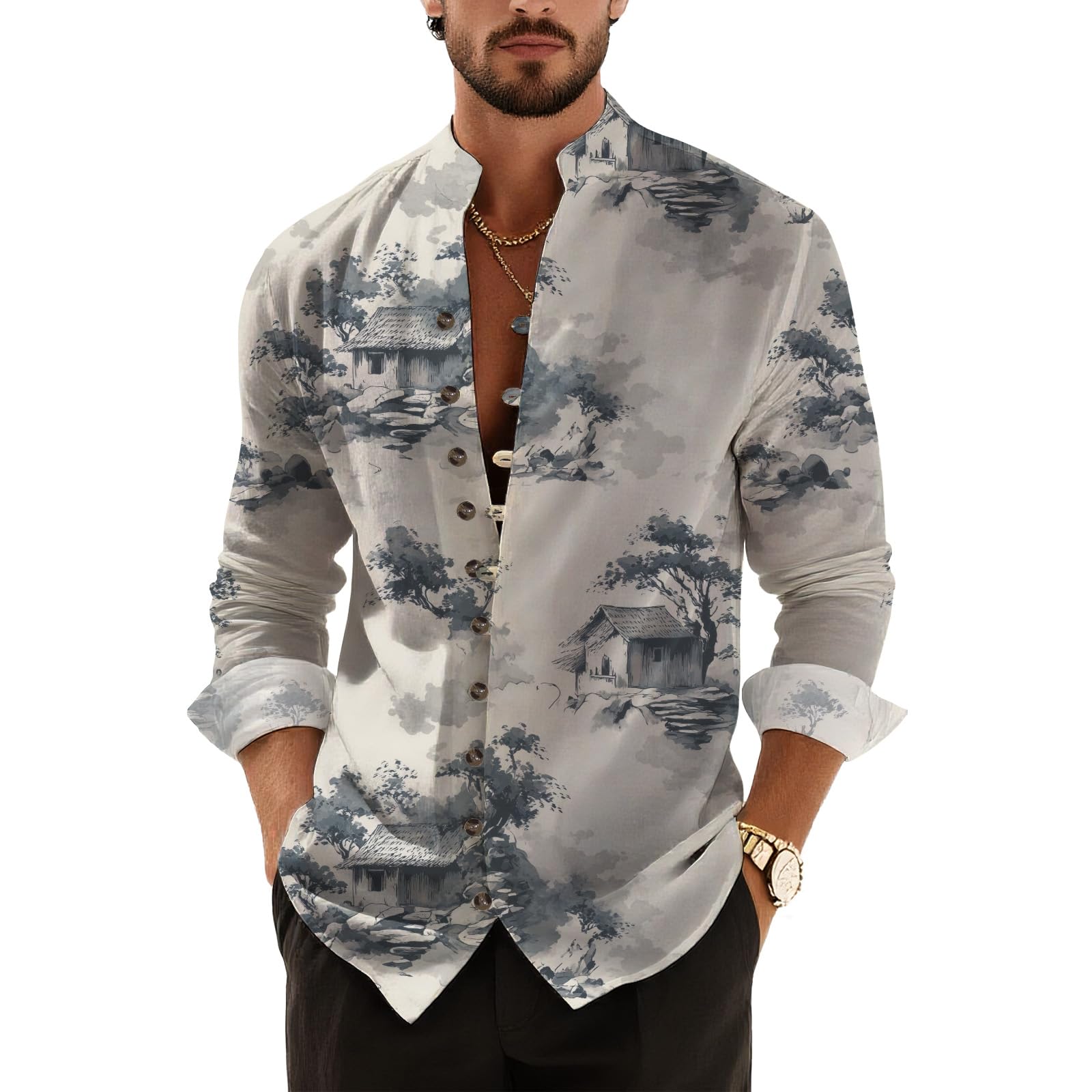 DMOYALA Men’s Hawaiian Button Down Shirts 2025 Fall Casual Long Sleeve Shirts Baggy Henley Neck Beach Vacation Outfits