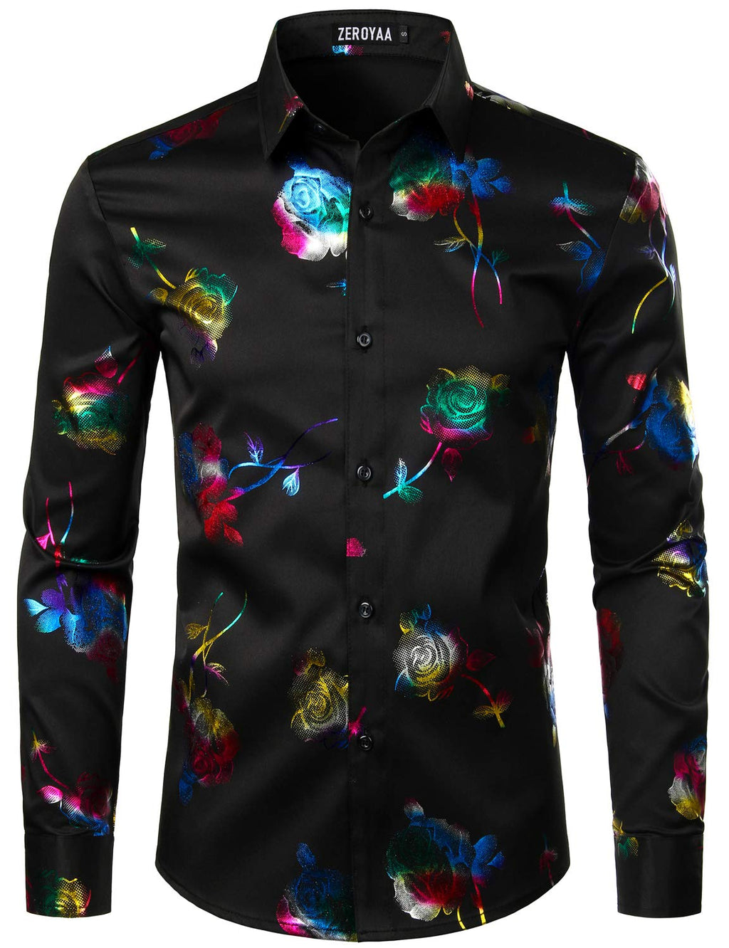 ZEROYAA Mens Hipster 3D Golden Rose Floral Printed Slim Fit Long Sleeve Button Down Dress Shirts