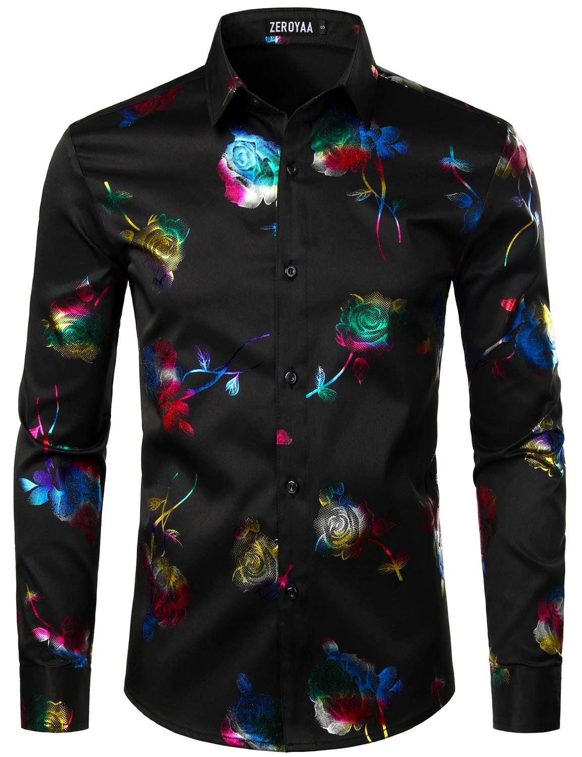 ZEROYAA Mens Hipster 3D Golden Rose Floral Printed Slim Fit Long Sleeve Button Down Dress Shirts