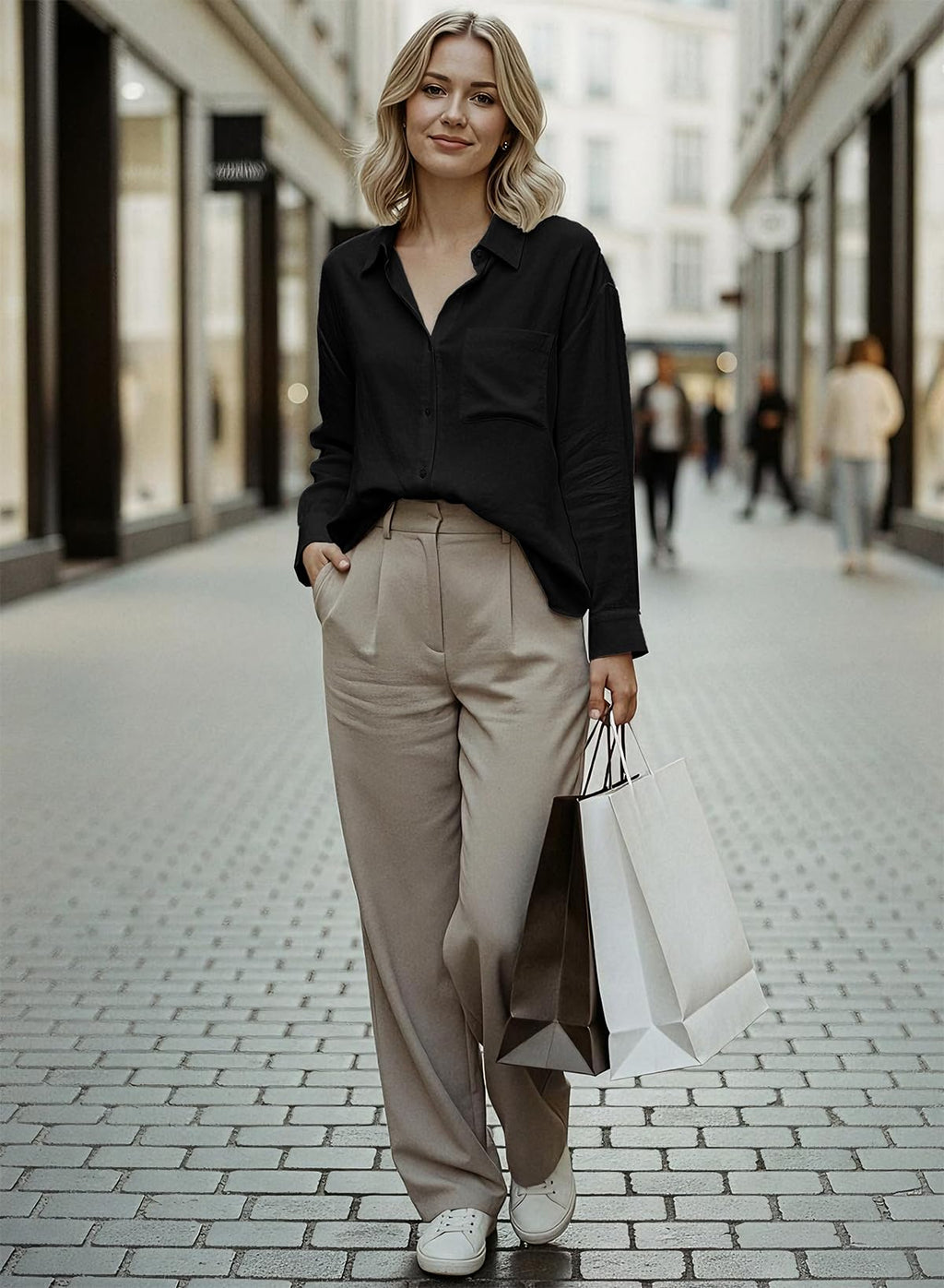 Astylish Women 2026 Loose Fit Tops Cotton Linen Button Down Shirts Collared Roll Up Long Sleeve V Neck Blouses