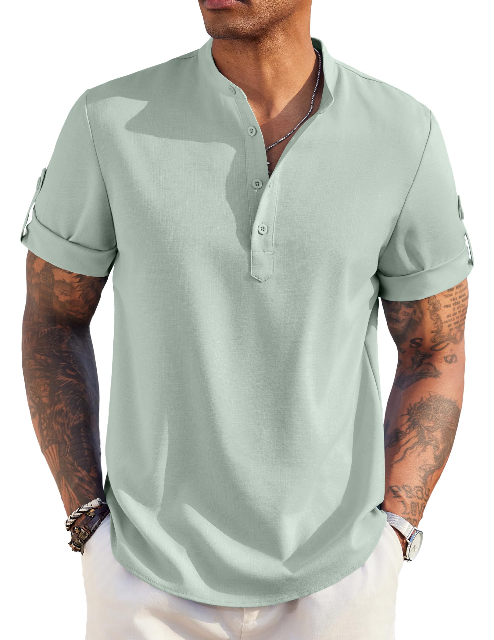 COOFANDY Men's Casual Henley Shirt Short Sleeve Band Collar Linen Shirt Summer Beach Hippie T-Shirts