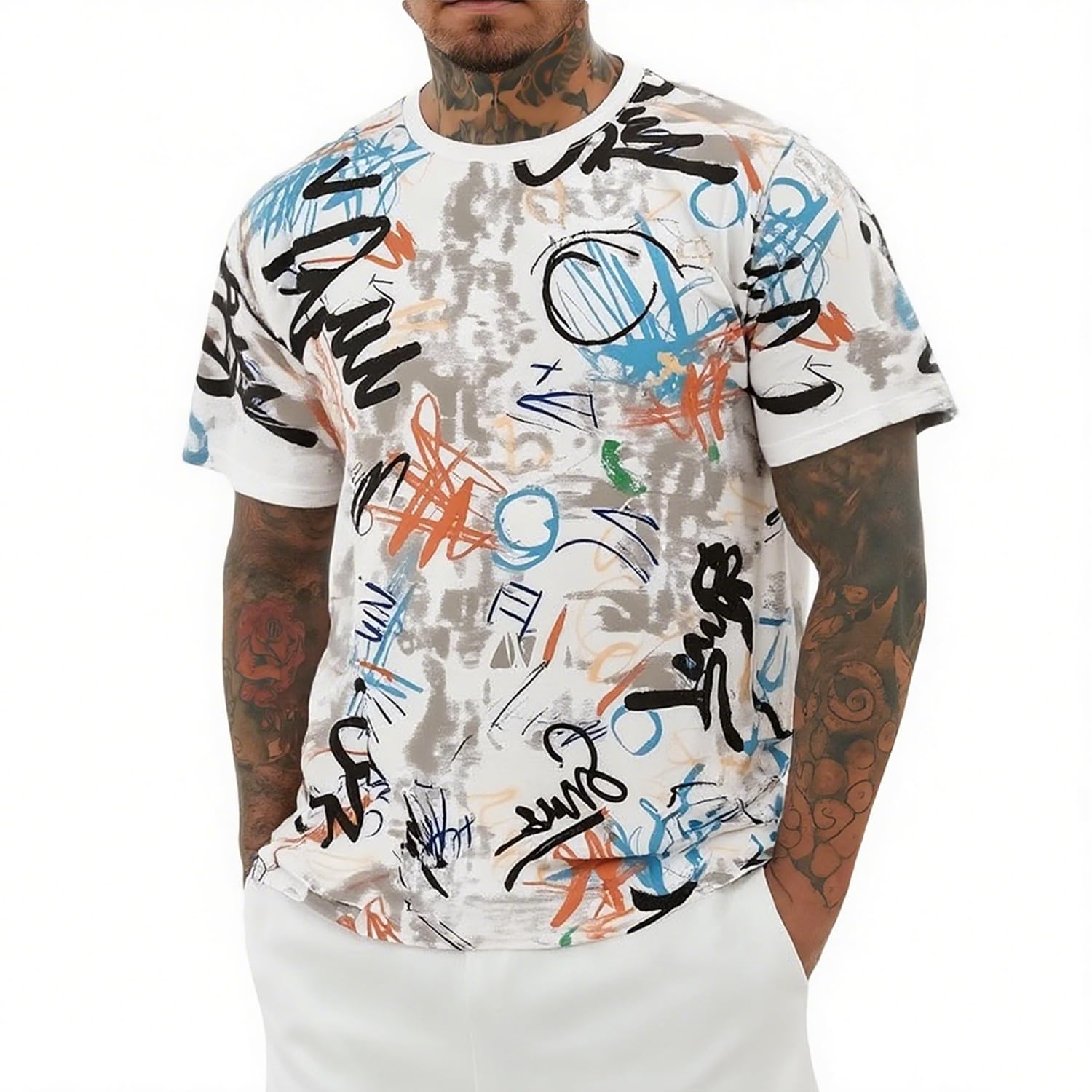 UOUA Mens Graphic Tees Vintage T-Shirts Oversized Letter Print Casual Crewneck Cotton Top Short Sleeve Rapper Streetwear