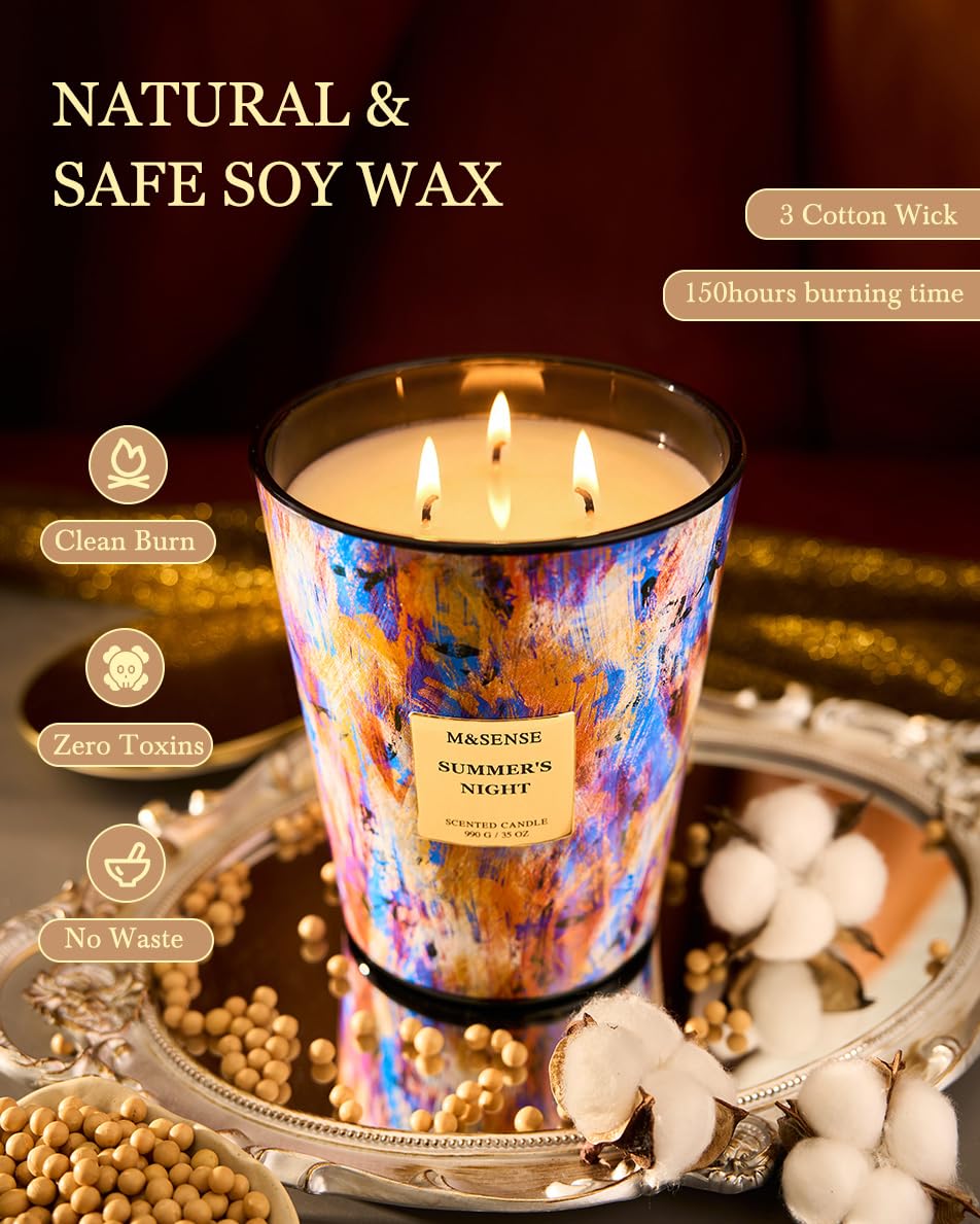 M&SENSE Summer Night Scented Soy Large Candle, 3-Wick 35oz 150 Hours Non-Toxic, Calming Stress Relief Candles for Home Scented Decor, Housewarming Gift for Men & Women