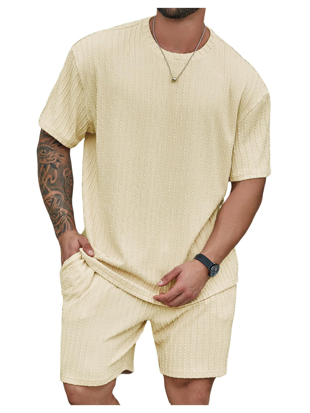 RoseSeek Men's Big and Tall 2 Piece Summer Outfits Textured Drop Shoulder T Shirt and Short Sets Tracksuit