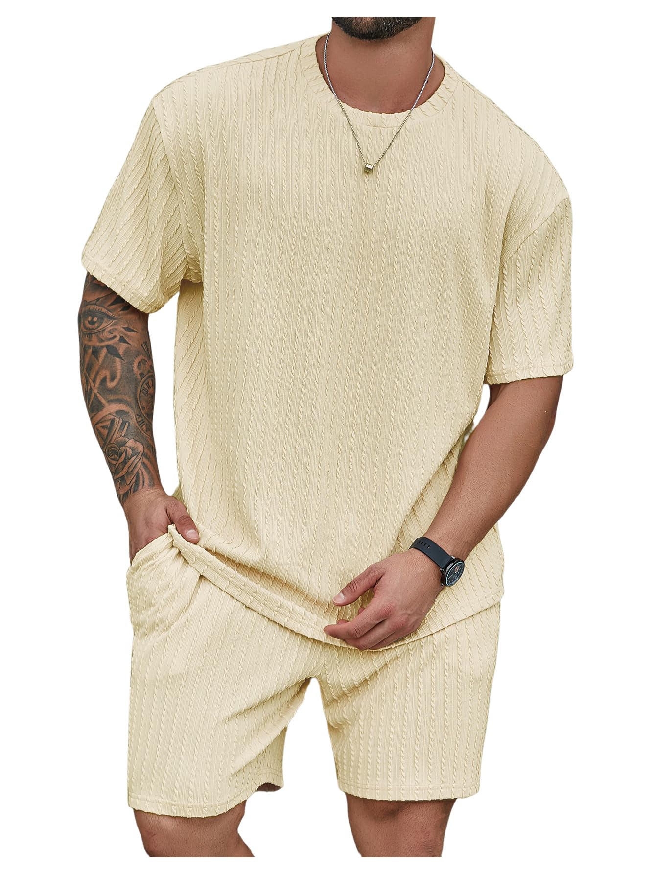 RoseSeek Men's Big and Tall 2 Piece Summer Outfits Textured Drop Shoulder T Shirt and Short Sets Tracksuit