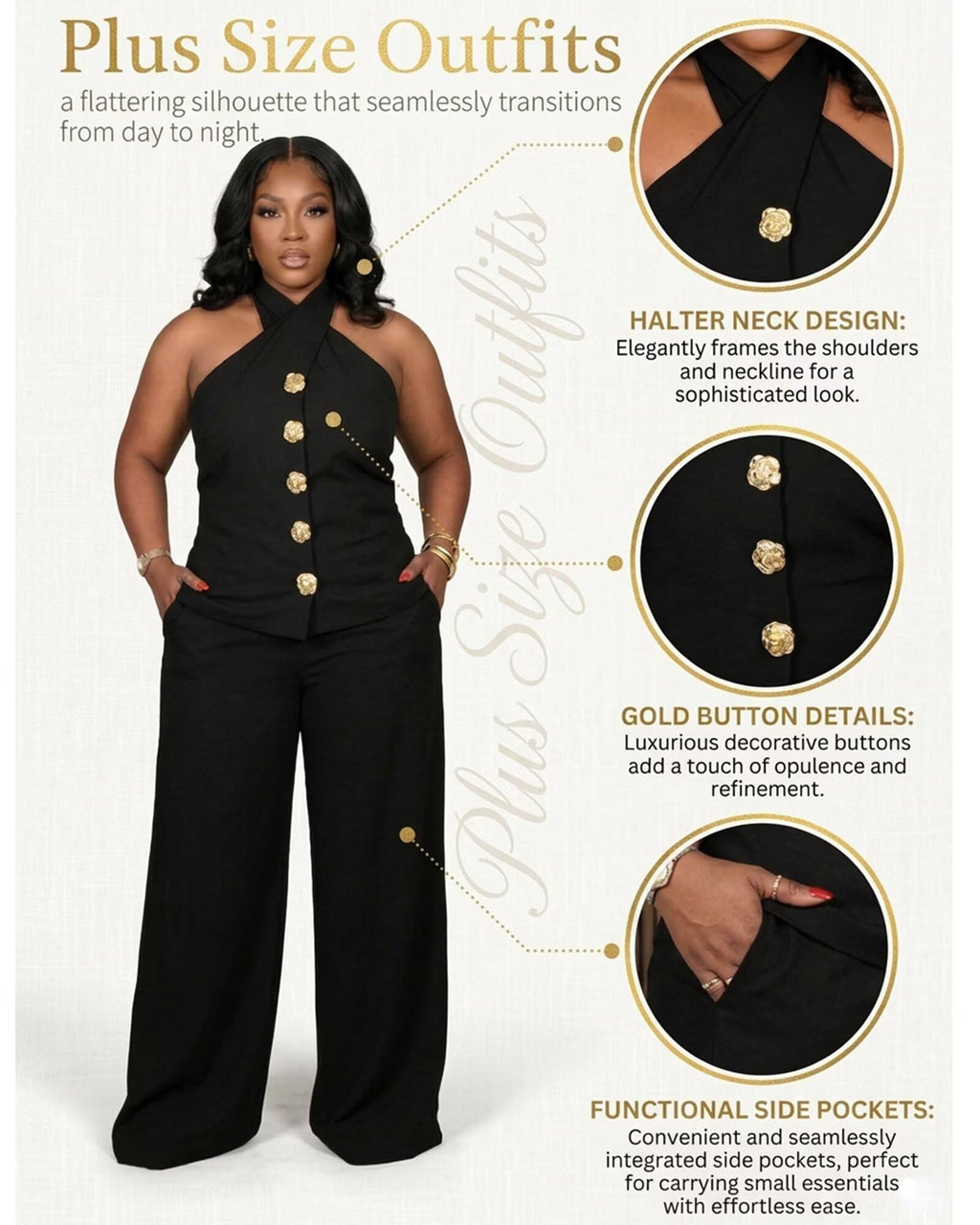 Womens Plus Size Two Piece Outfits Summer Button Halter Neck Vest Tank Tops Wide Leg Pants Suit Matching Sets