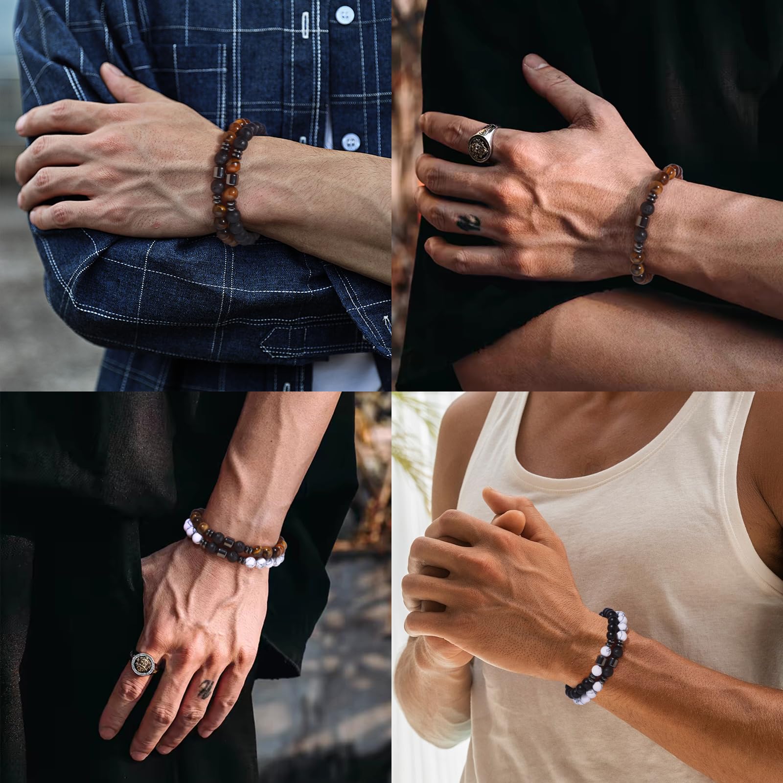 Giovanchi 4-12PCS Bracelets for Men, 8MM Mens Bracelets Lava Rock Black Obsidian Howlite Tiger Eye Beaded Natural Stone Bracelet Jewelry Gifts for Birthday Christmas