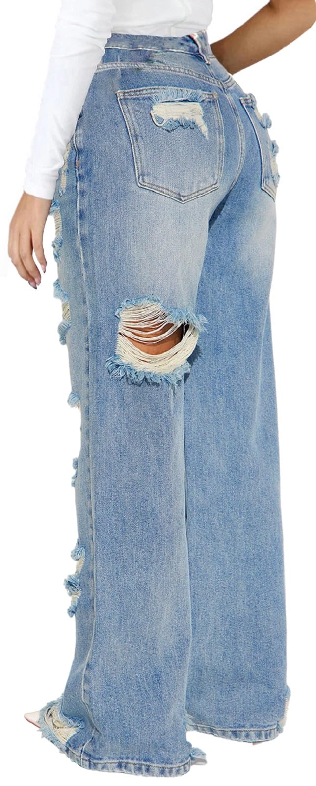 CuteCherry Women Baggy Ripped Jeans Destroyed Wide Leg Retro Denim Pants