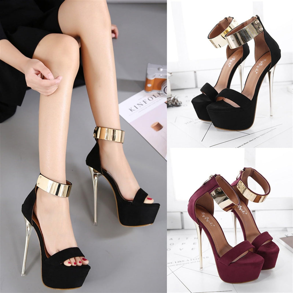Women's Suede Platforms High Heels Shoe Fashion One Word Belt Plus Size Stiletto Sandals Slip On Metal Ankle Strap Back Zipper Backless High Heels