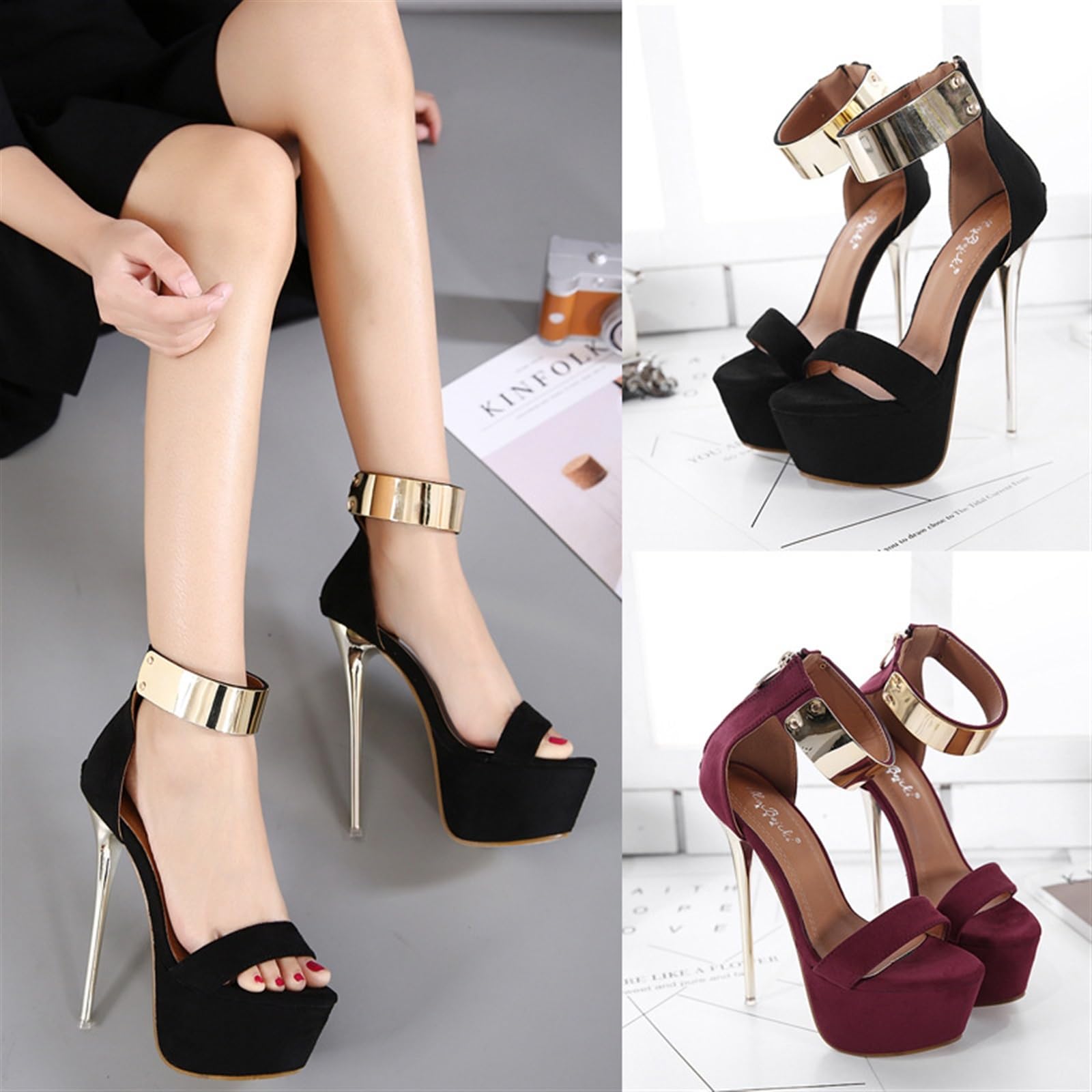 Women's Suede Platforms High Heels Shoe Fashion One Word Belt Plus Size Stiletto Sandals Slip On Metal Ankle Strap Back Zipper Backless High Heels