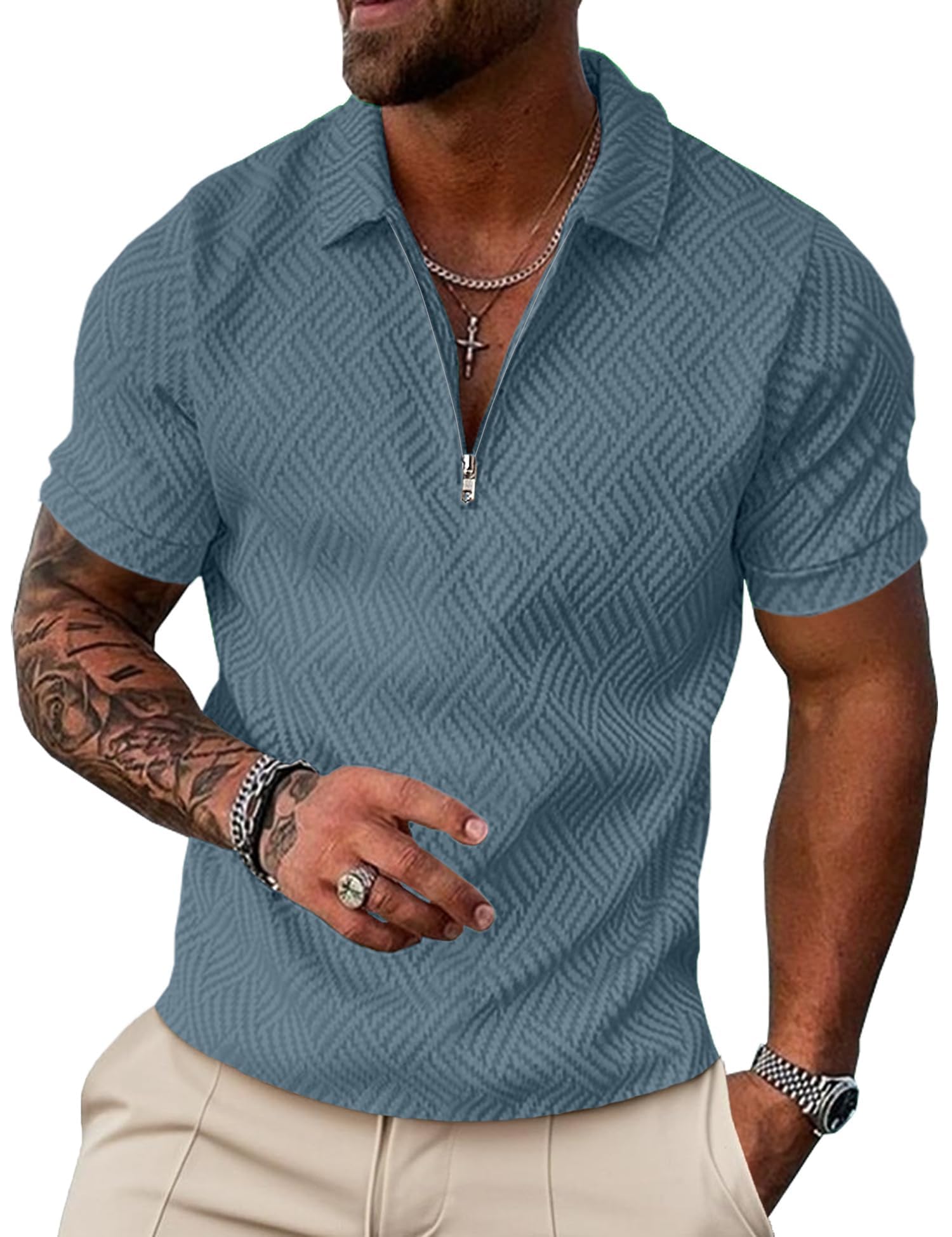 UOUA Men's Zipper Polo Shirts Short Sleeve Sweatshirts Soild Color Tops Striped Texture Casual Golf T