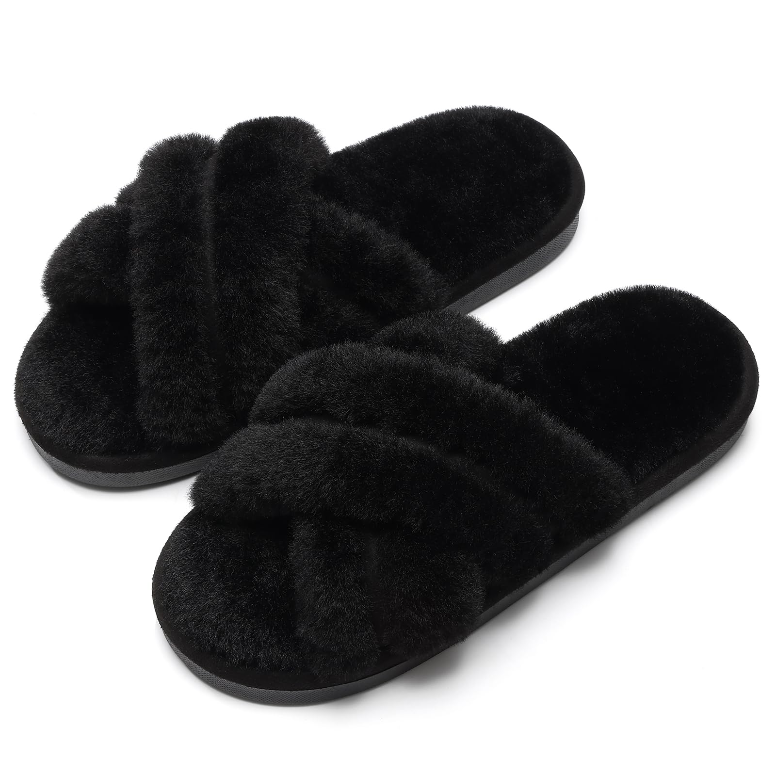 Evshine Women's Fuzzy Slippers Cross Band Memory Foam House Slippers Open Toe