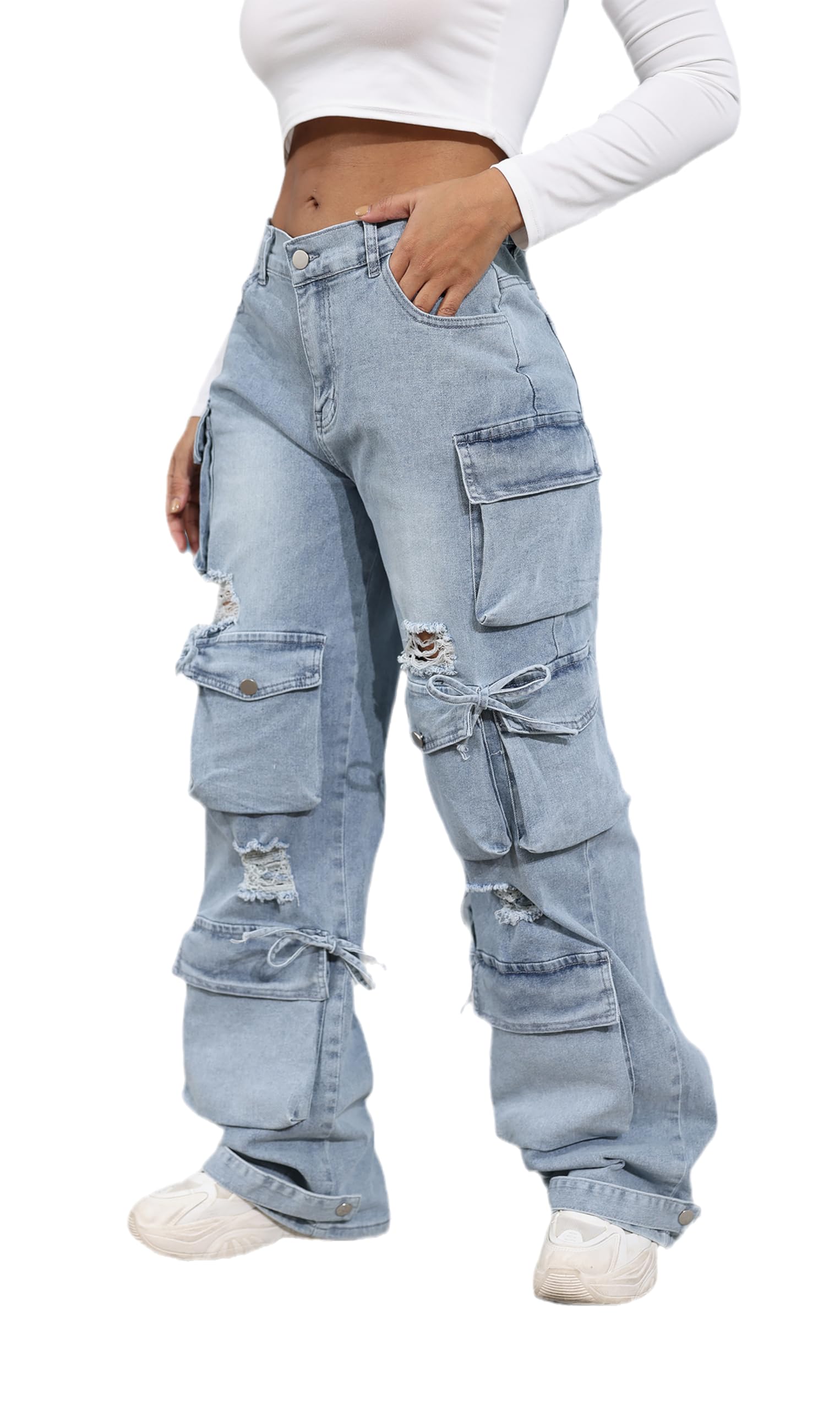 Ryehack Women’s Baggy Jeans Y2k Cargo Jeans Casual High Waist Baggy Denim Cargo Pants with Pockets Streetwear