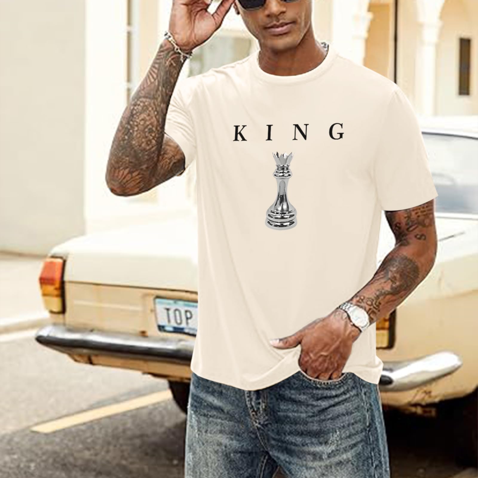 Kelxjia Men's King Chess Shirt Graphic Tees Designer Printed T Shirts for Men Urban Letter T-Shirt Streetwear