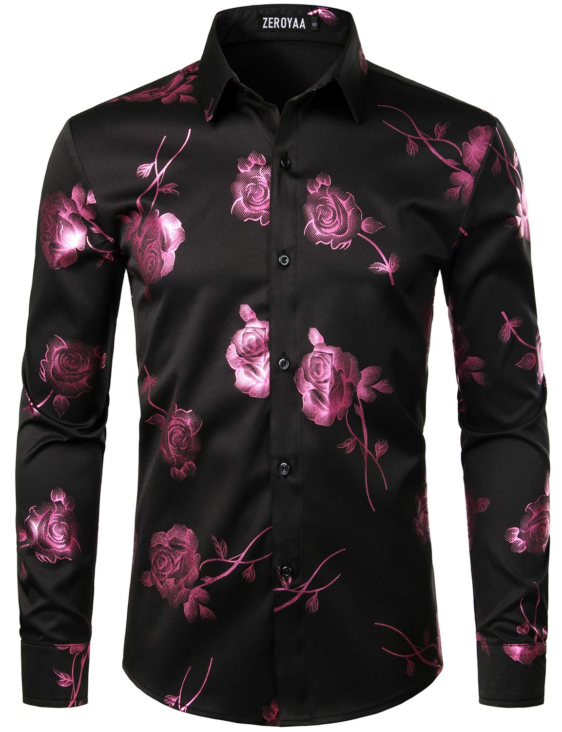ZEROYAA Mens Hipster 3D Golden Rose Floral Printed Slim Fit Long Sleeve Button Down Dress Shirts