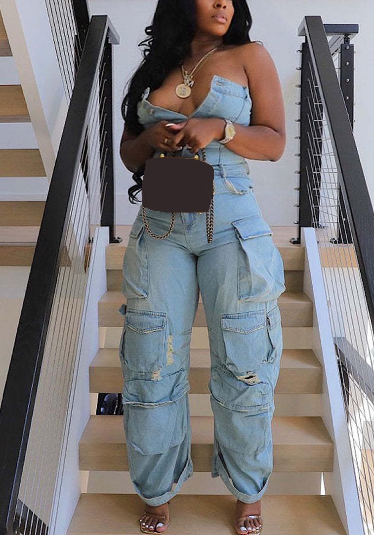Voghtic Women's Strapless Denim Cargo Jumpsuit High Waisted Multiple Pocket Casual Outfit