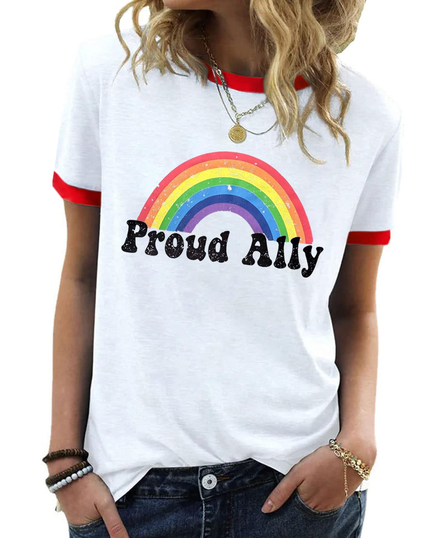 YZMI Pride Shirts for Women Pride Month Rainbow Graphic T-Shirt LGBTQ Support Red Ringer Tee