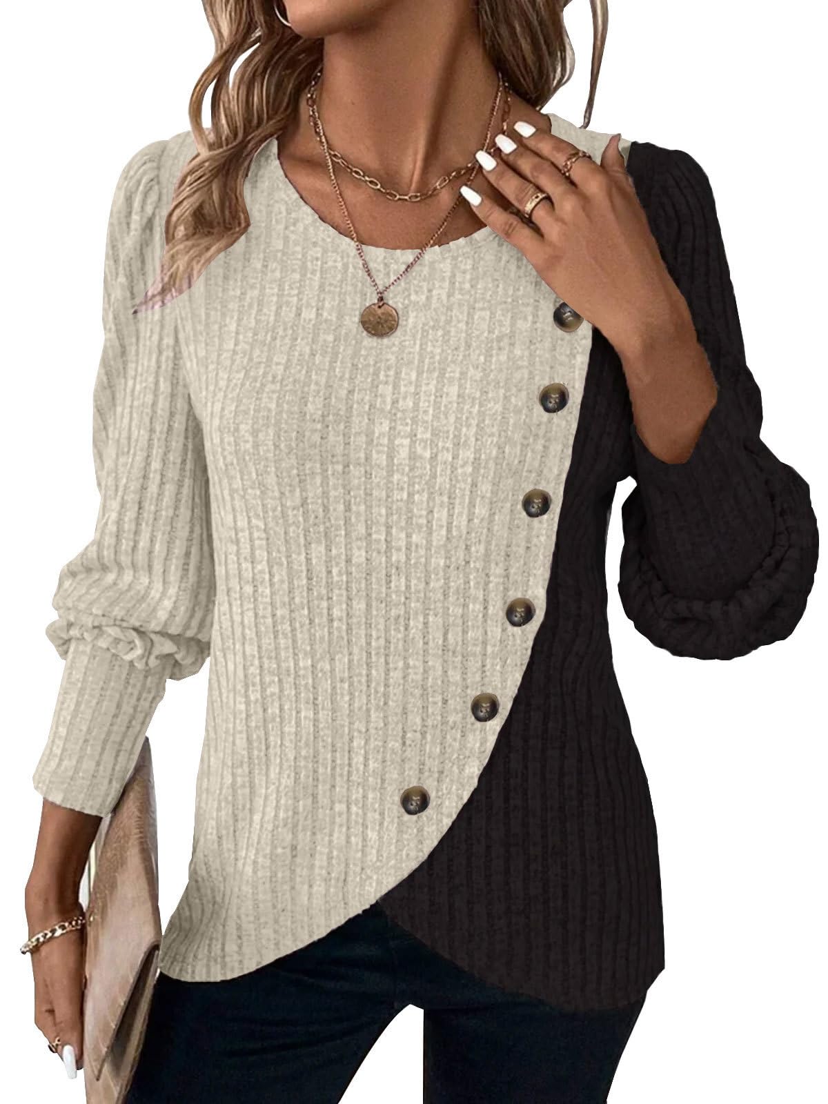 MixShe Womens Knit Sweaters 2026 Fall Winter Casual Long Sleeve Ribbed Colorblock Button Pullover Tops