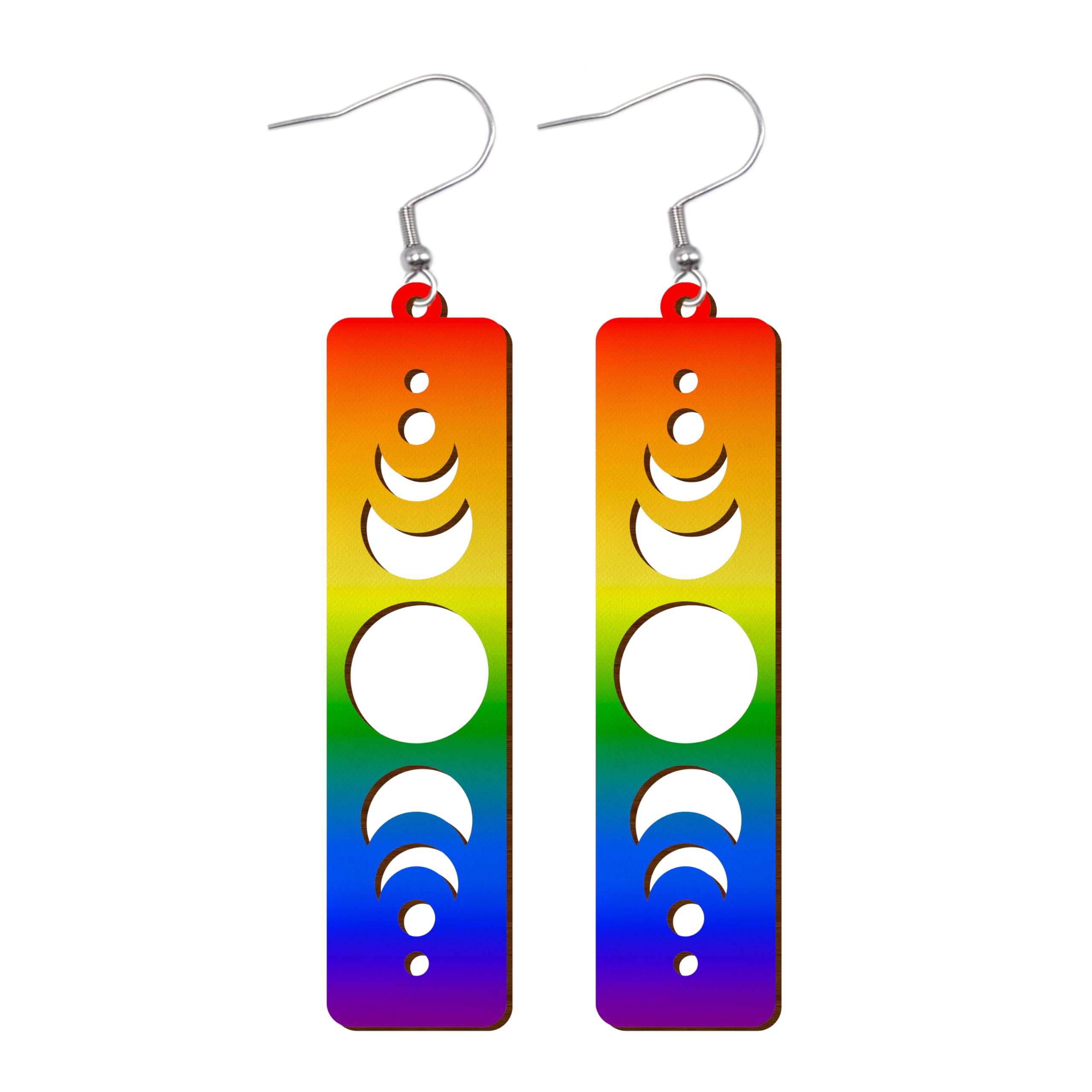 LGBTQIA+ Wooden Moon Phase Earrings, Pride Flag Dangle Earrings for LGBTQ Community, Rainbow Jewelry Gift for Gay, Lesbian, and All Identities