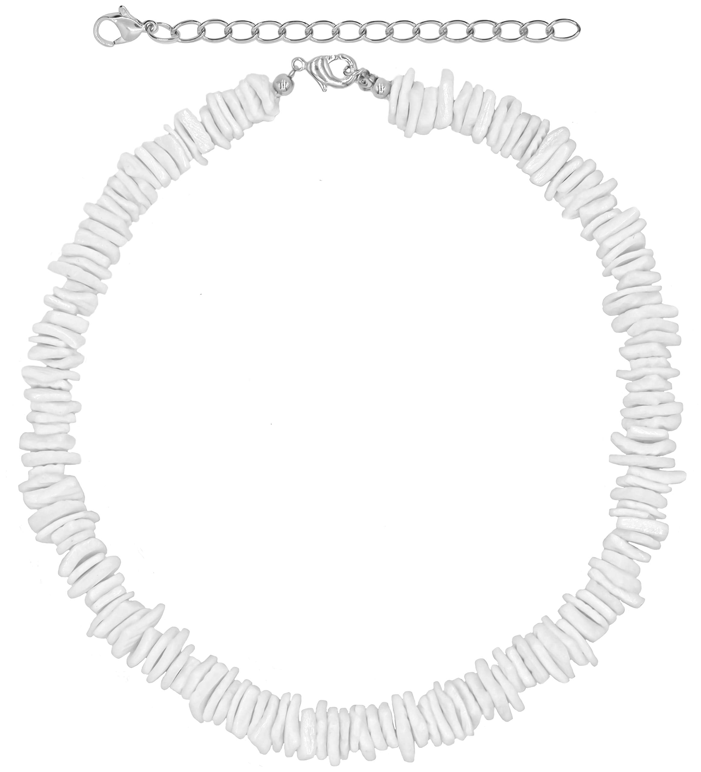 White Puka Shell Necklace, Hawaiian Seashell Necklace for Men, VSCO Girl Beach Necklaces for Women, Beachy Beaded Summer Pooka Choker, Heishi Clam Chips Surfer Jewelry
