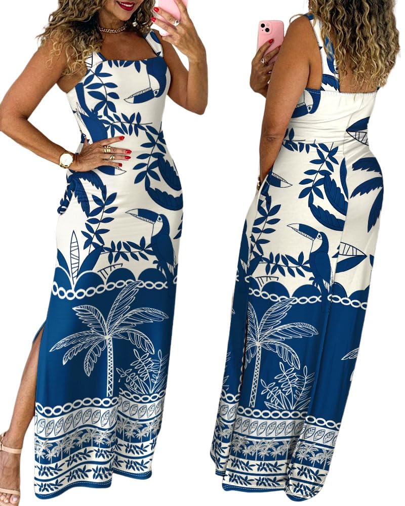CHICME Women's Summer Maxi Dress Casual Thick Strap Square Neck Boho Sundress Split Vacation Dresses with Pockets