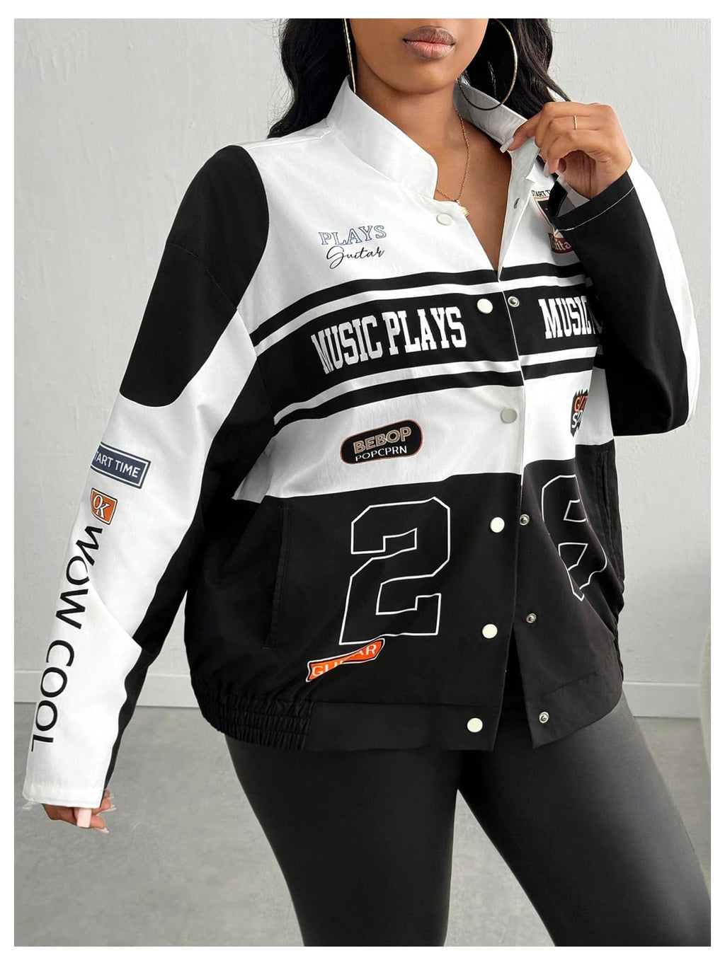 SweatyRocks Women's Plus Size Oversized Varsity Jackets Graphic Print Y2k Racing Bomber Jacket
