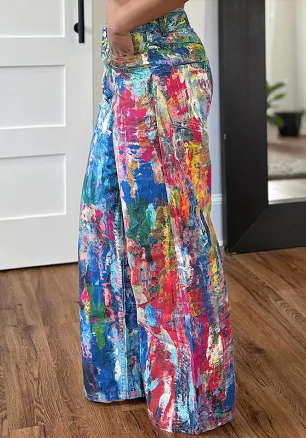 NRTHYE Womens Summer Colorful Graffiti Baggy Jeans Casual High Waist Wide Leg Streetwear Denim Cargo Print Pant Trousers