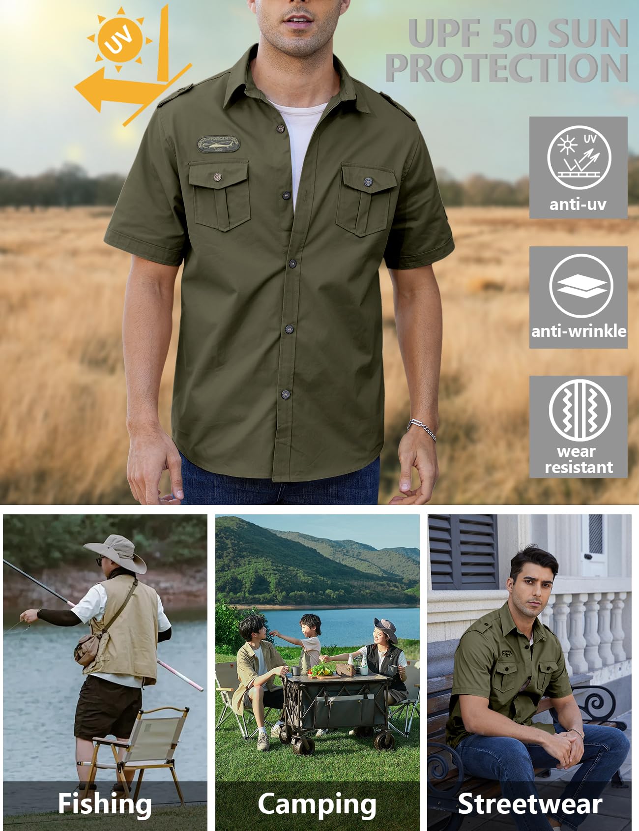 Gihuo Men's Military Tactical Shirt Short Sleeve Cargo Work Outdoor Hiking Camping Hunting Fishing