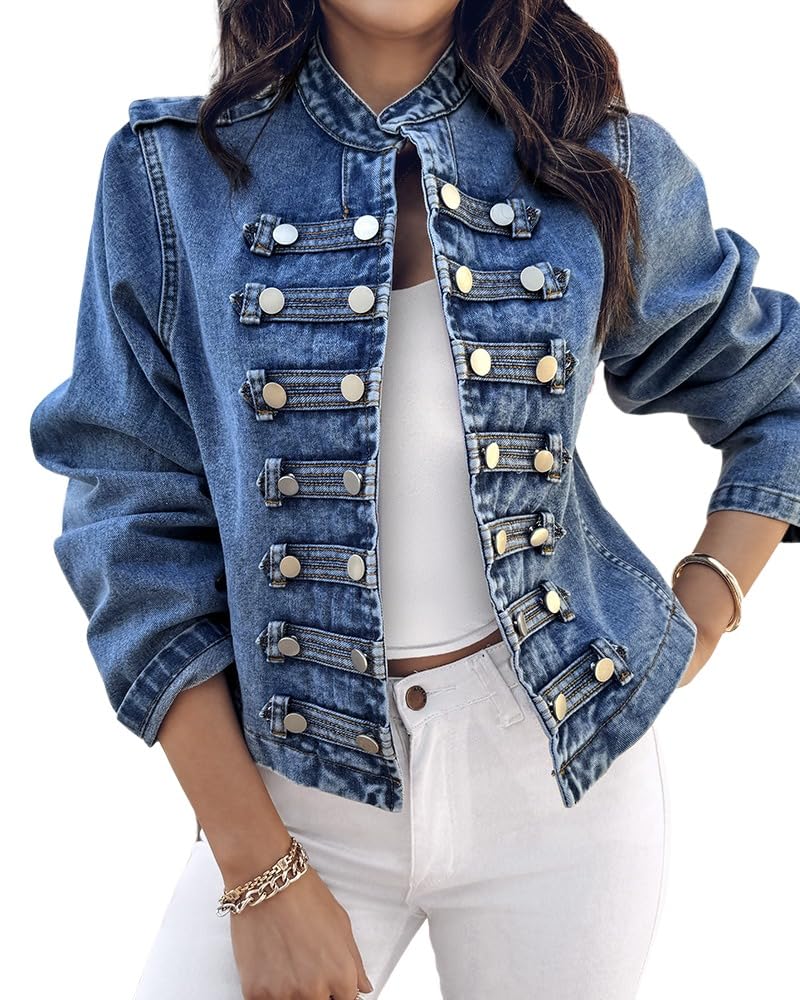 CHICME Denim Jacket for Women Button Up Stand Collar Jeans Jacket Casual Long Sleeve Lightweight Fall Coat
