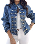 CHICME Denim Jacket for Women Button Up Stand Collar Jeans Jacket Casual Long Sleeve Lightweight Fall Coat